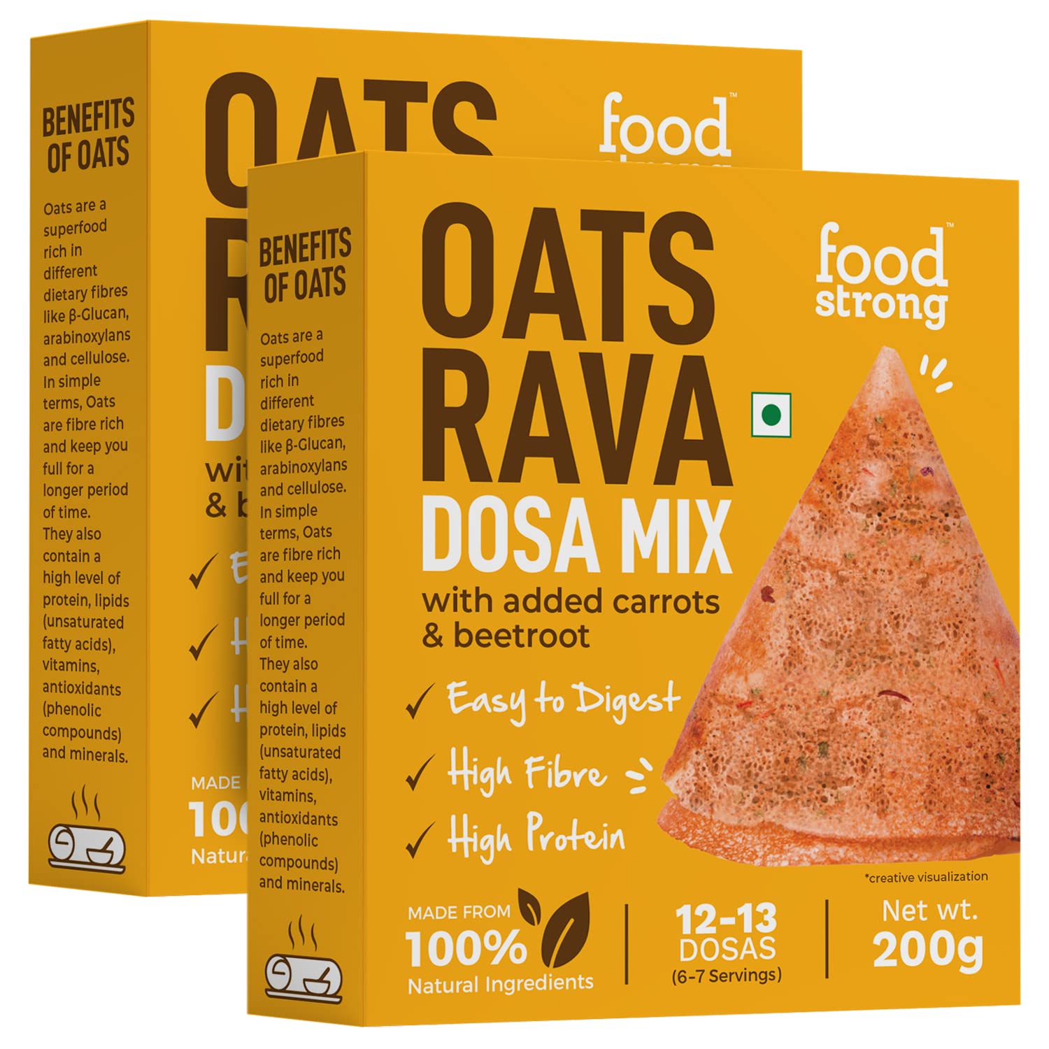 Foodstrong Oats Rava Dosa Mix, High Fibre & Protein, Easy to Digest, With Added Carrots & Beetroot, No Preservatives, No Soda, Ready to Cook Instant Mix, 200 g x Pack of 2, Makes 13 Dosas Per Pack