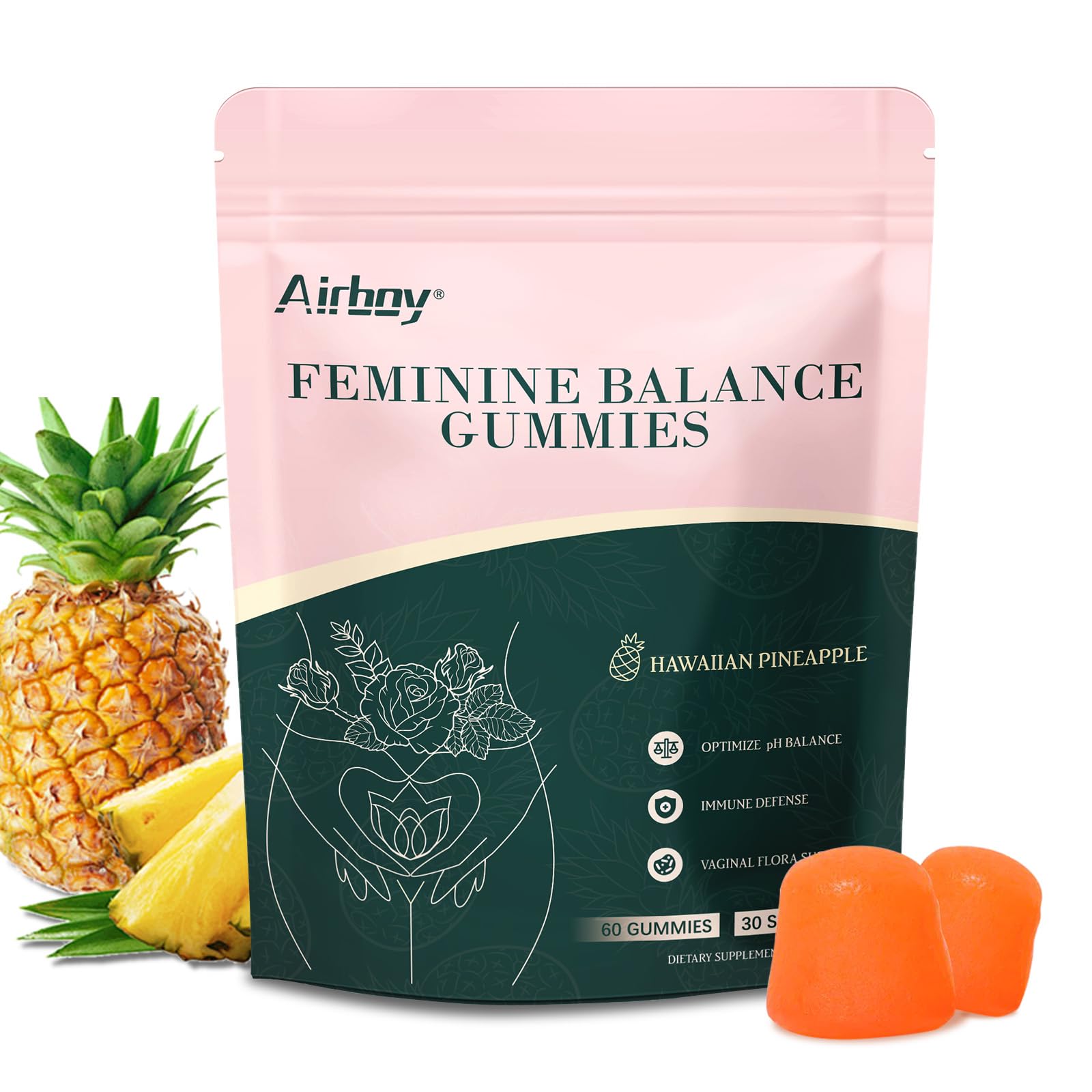 Airboy Feminine Balance Gummies,Women’s Health Gummies,Pineapple Gummies for Women PH, Immune Support,Vaginal Flora Balance-60 Gummies