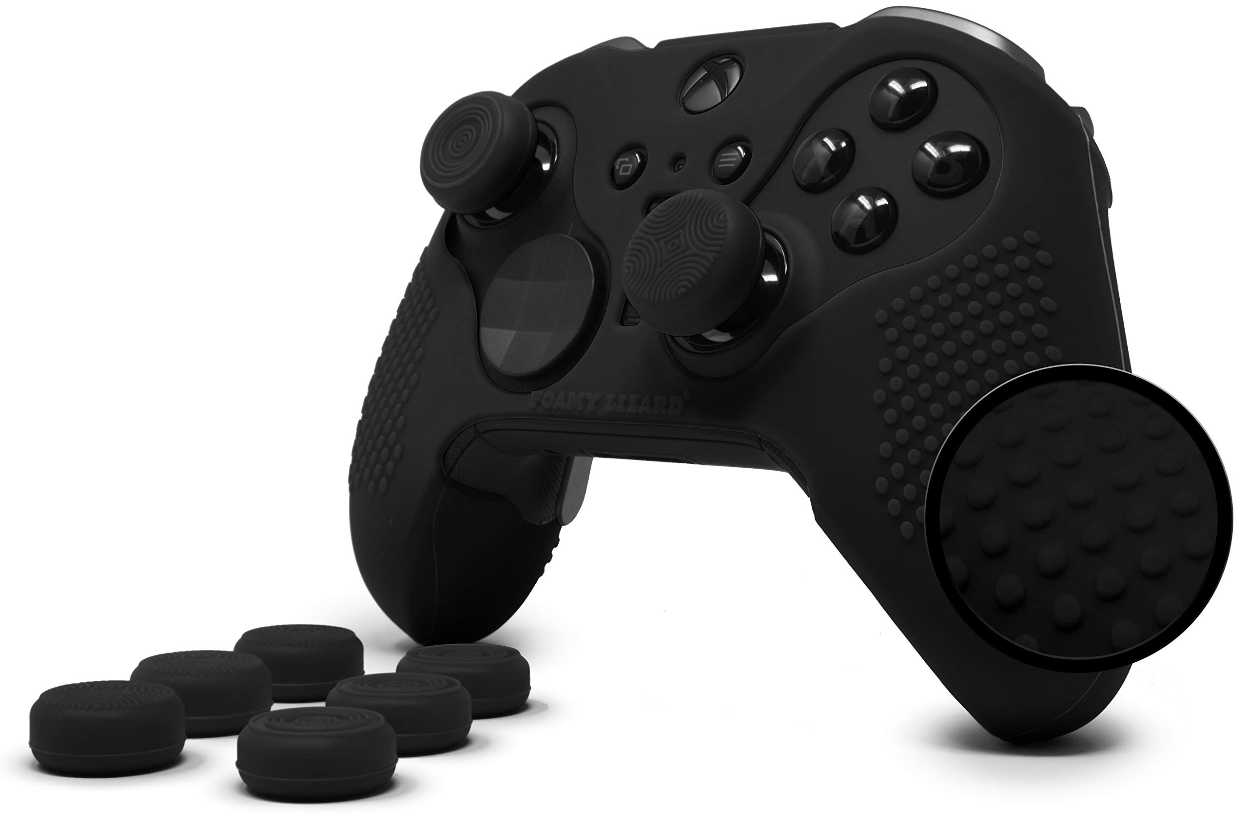 Elite Series 2 Studded Grip Skin for Xbox One Elite Series 2 Controller (NOT for Series X/S/Elite 1) by Foamy Lizard - Sweat Free Silicone w/Flat Top Anti-Slip Studs + 8 QSX-Elite Thumb Grips (Black)