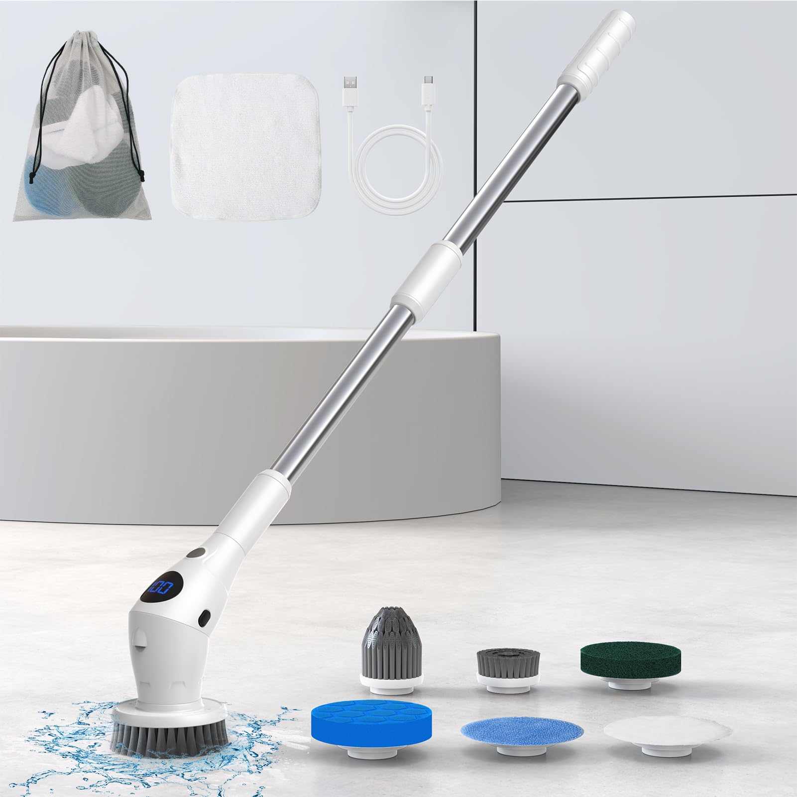 Electric Spin Scrubber, Cordless Cleaning Brush, Electric Scrub Brush with 7 Replaceable Brush Heads, Power Scrubber Shower Scrubber with Long Handle for Cleaning Bathroom Tub Tile Floor