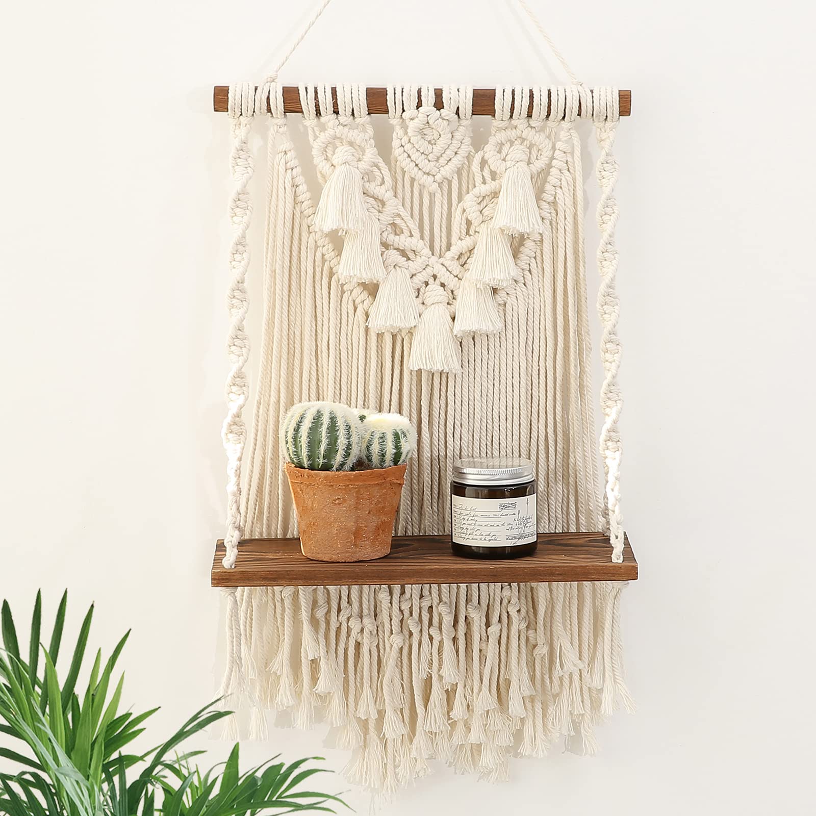 ANROYE Single Tier Macrame Boho Wall Hanging Shelf, Handmade Bohemian Wooden Woven Plants Floating Shelves Decor, Mini Chic Organizer for Bathroom Bedroom Western Home Nursery Storage Gift