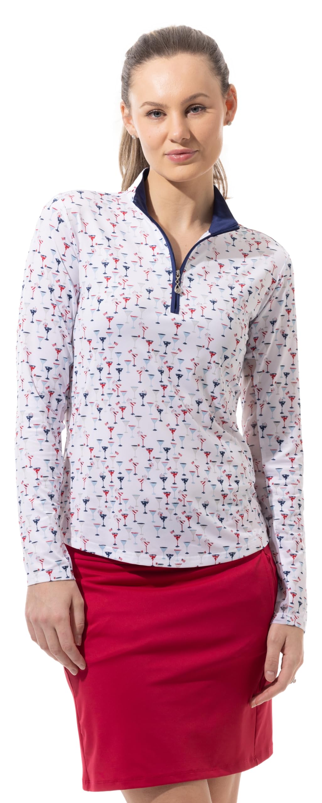 SanSoleilSolCool Long Sleeve Print Mock w/Swarovski Zipper Puller. UPF 50+ Sun Protection â€“ Extra Cool S Multicolor