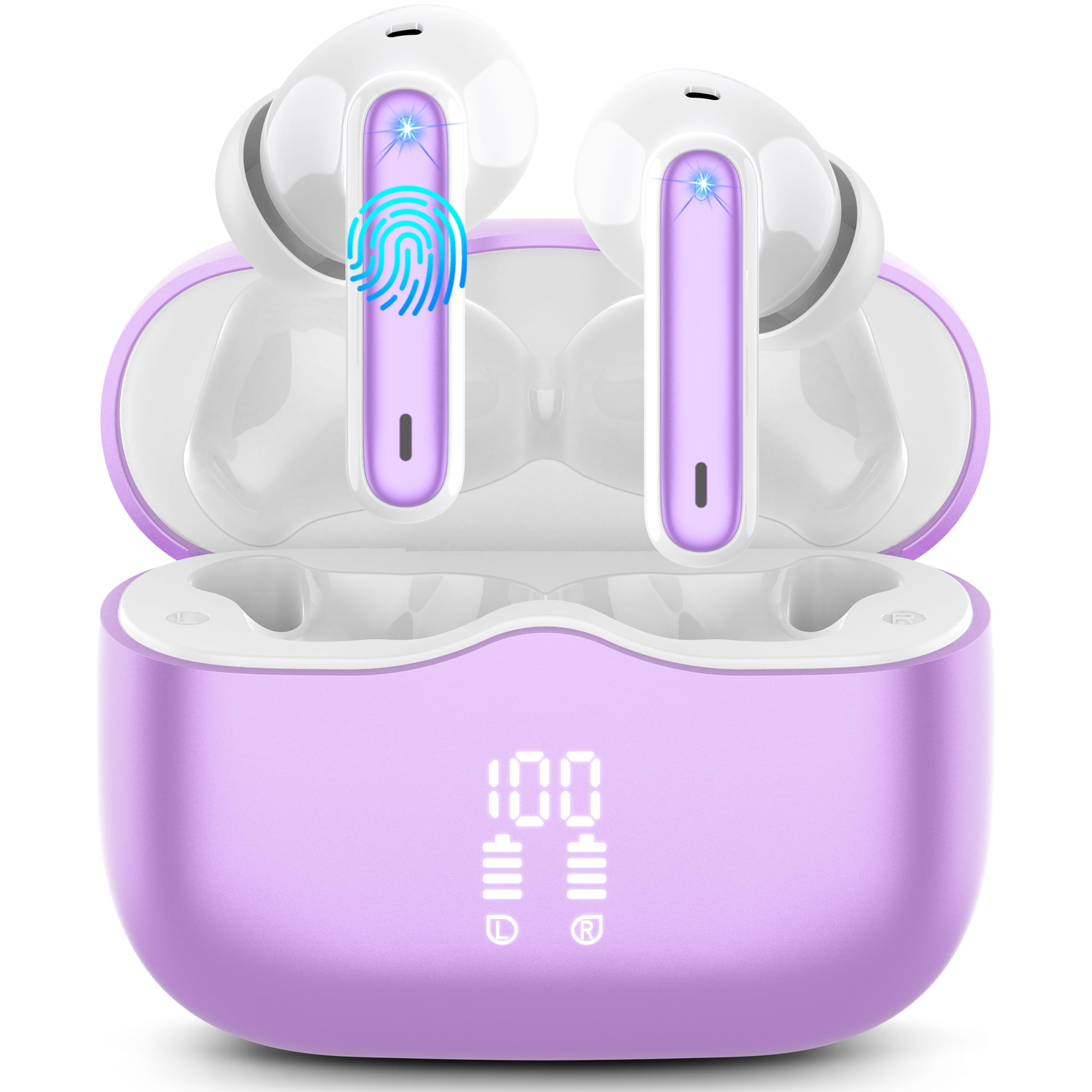 Wireless Earbuds, Bluetooth 5.3 Headphones Wireless Earphones, 2024 Ear buds Wireless Earbuds, 4 ENC Noise Cancelling Mic Wireless Headphones, IP7 Waterproof, 40H Playtime, Mini Ultra Light, Purple