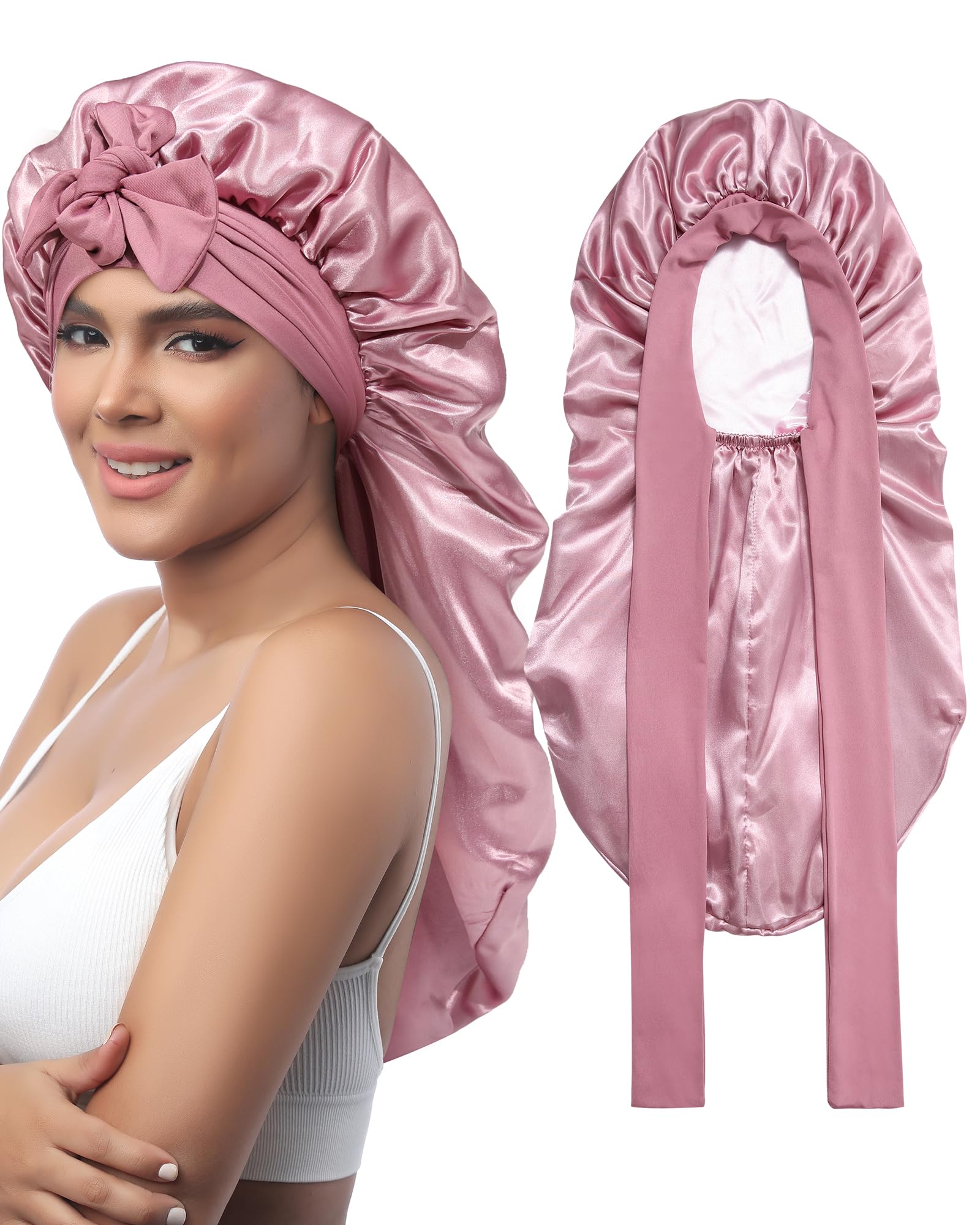 AWAYTRLong Satin Bonnet for Sleeping - Double Layer Reversible Silk Bonnet for Long Hair Women Sleeping Cap with Tie Band