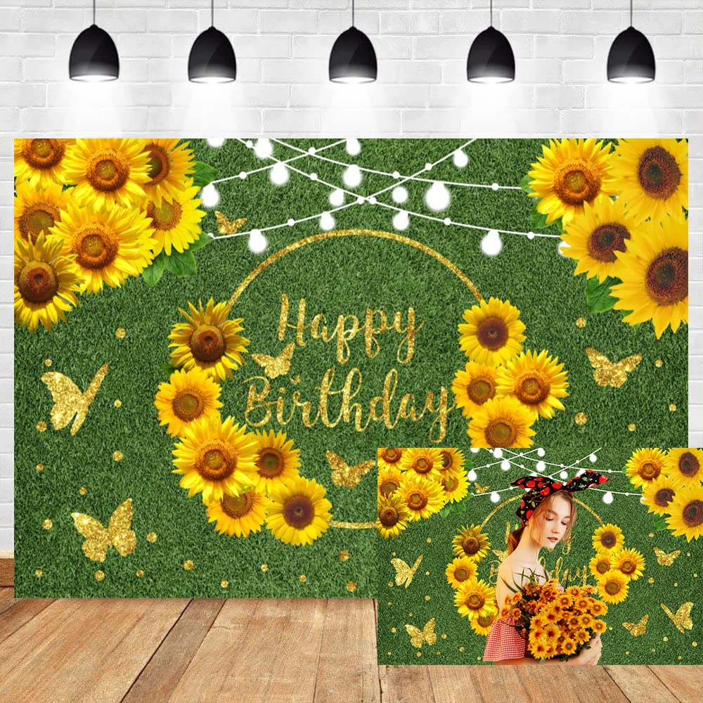 DORCEV 6x4ft Happy Birthday Backdrop Yellow Sunflower Lights Gold Powder Butterfly on Green Grass Nature Outdoor Background Boy Girls Portrait Photos Birthday Party Cake Table Banner Studio Props