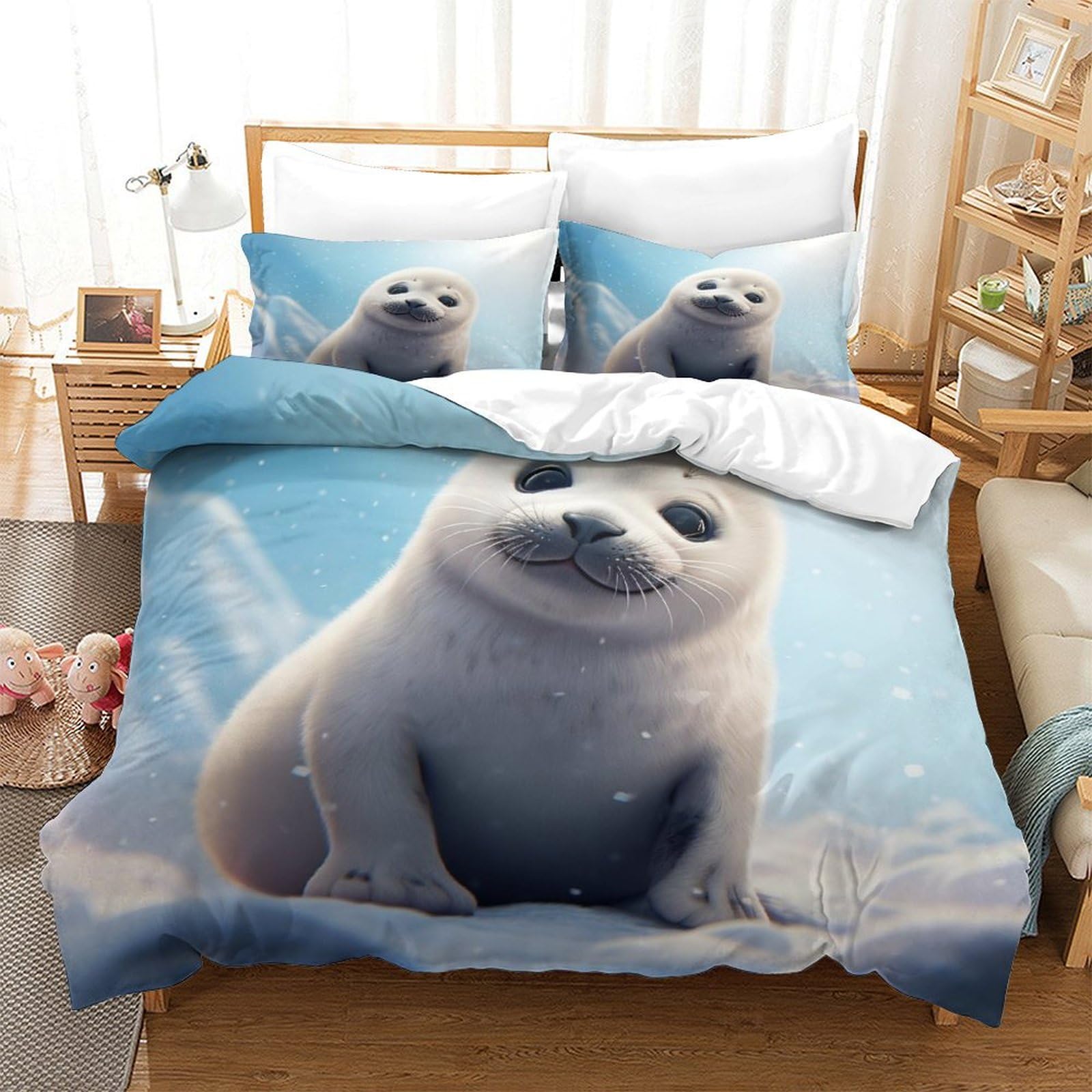 FGRID Skin-Friendly Cute Seal Bedding Set Cozy Quilt Cover 3D Printed Duvet Cover Luxe Marine-Animals Comforter Covers with Pillowcases Microfiber for Boys and Girls 3 Pieces Twin（173x218cm）