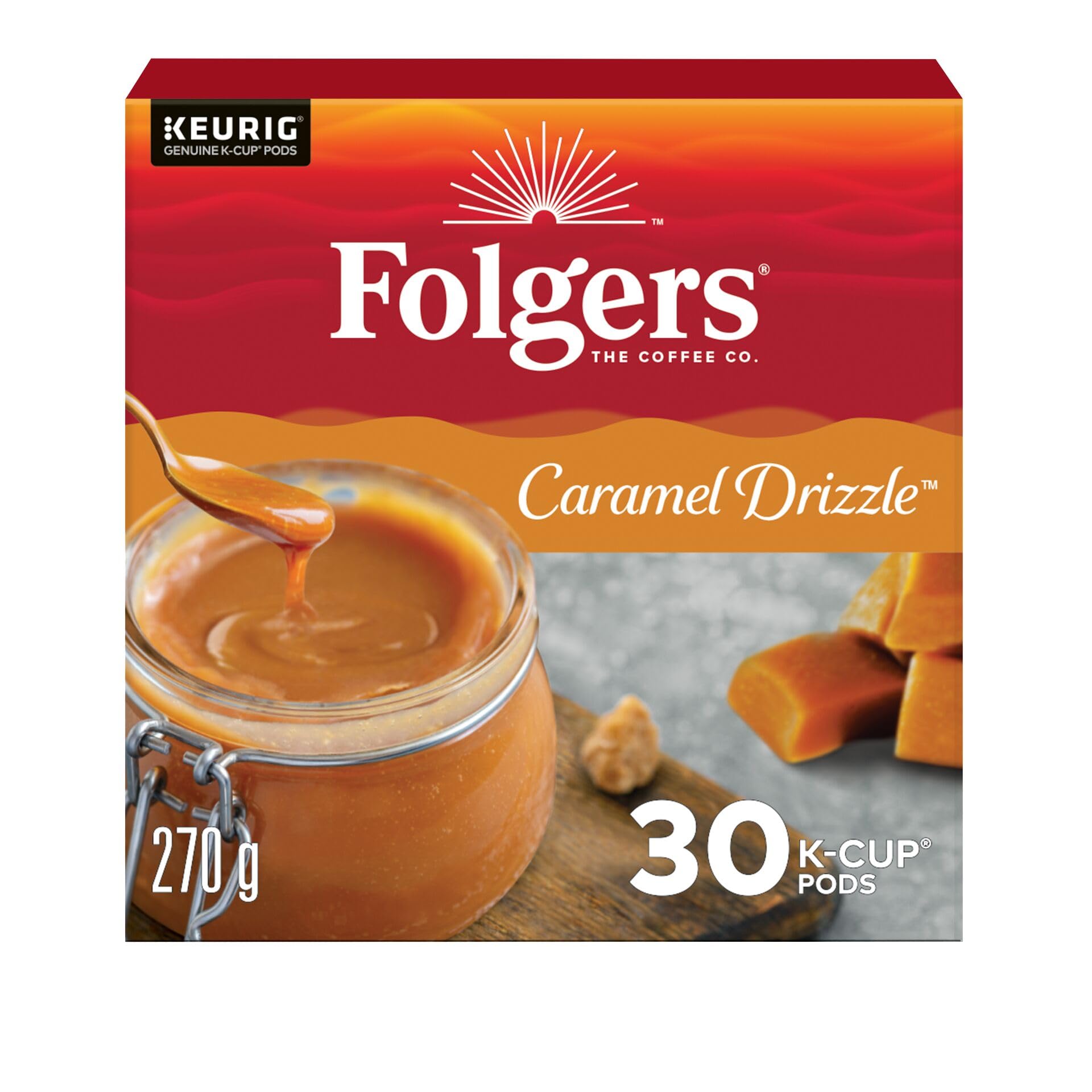 Folgers Caramel Drizzle Flavoured Coffee, Single-Serve K-Cup Pods For Keurig Coffee Makers, 30 Count