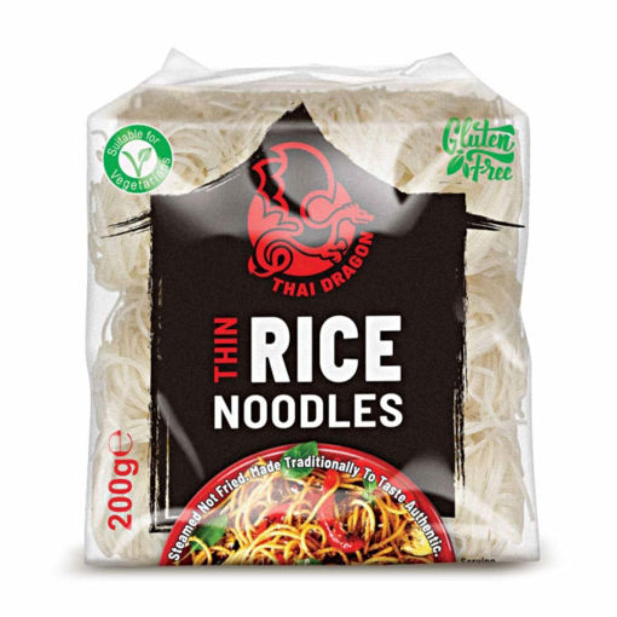 Thai Dragon Rice Noodles (6x400). White coloured, Rice noodles. Rice (100%)