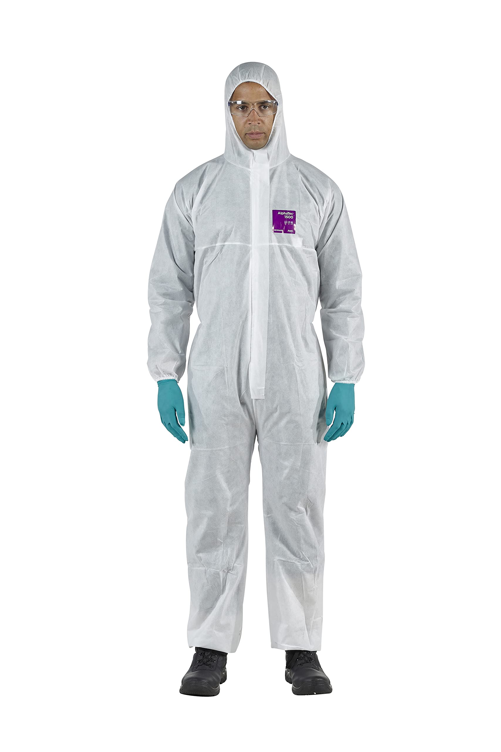 AnsellAlphaTec 1500 Model 138, Disposable Work Overall with Hood, Chemical Protection Type 5/6, Waterproof Coverall Suit, Industrial Safety Workwear, Men Women