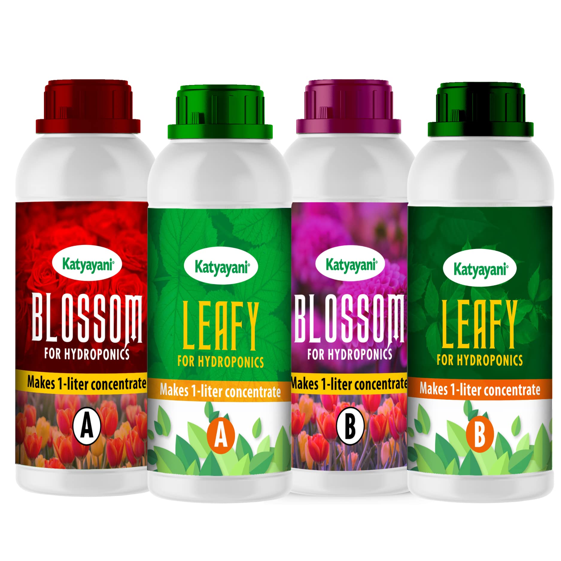 Katyayani Leafy (A + B ) Leaf enhancer(400 ml x 2) + Katyayani Blossom (A+B)(400 ml x 2) |Natural Nutrient Rich Plant growth regulator Flowering booster Bloom stimulant Hydroponic Nutrients Fertilizer