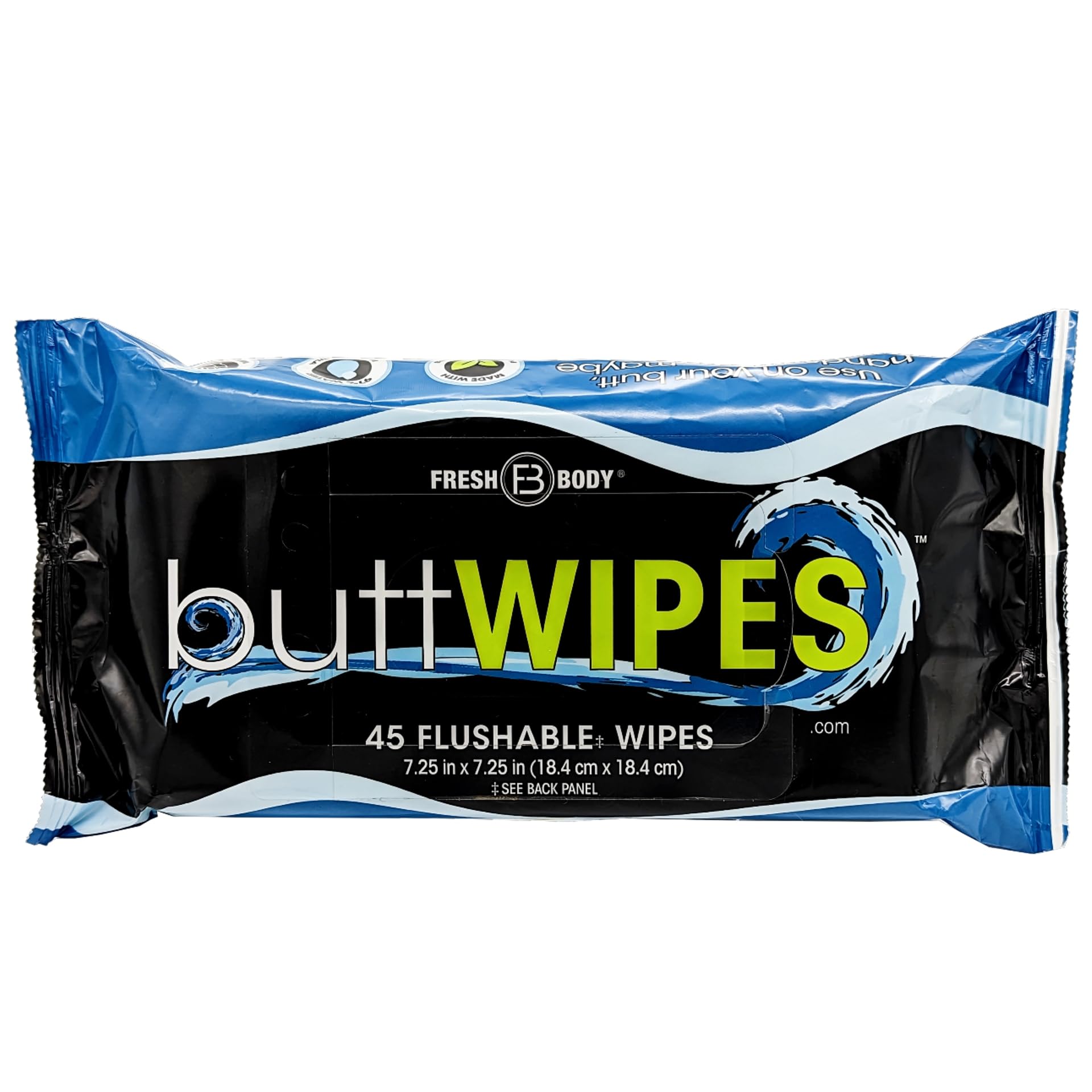 Fresh Body FB Buttwipes Flushable Wipes (1 Pack, 45 wipes) - Flushable Wipes for Adults - Water-Based Butt Wipes with Aloe and Vitamin E - Made Without Alcohol or Added Fragrance