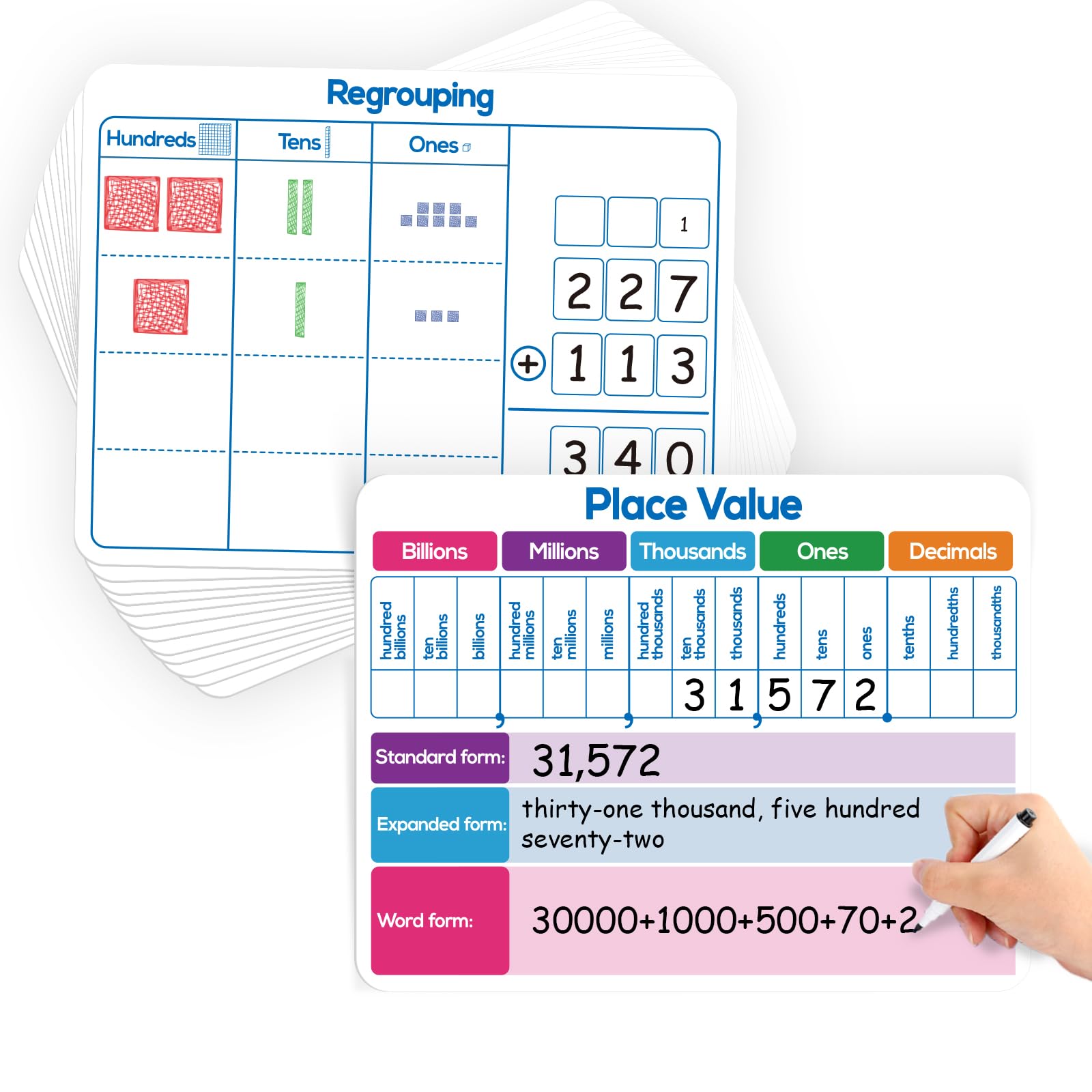 Aizweb12 Pack Place Value Dry Erase Board Card,12" x 9"Regrouping Base Ten Small Whiteboard Math Manipulatives Addition Subtraction Game for Student Classroom Must Have Homeschool Teacher Supplies