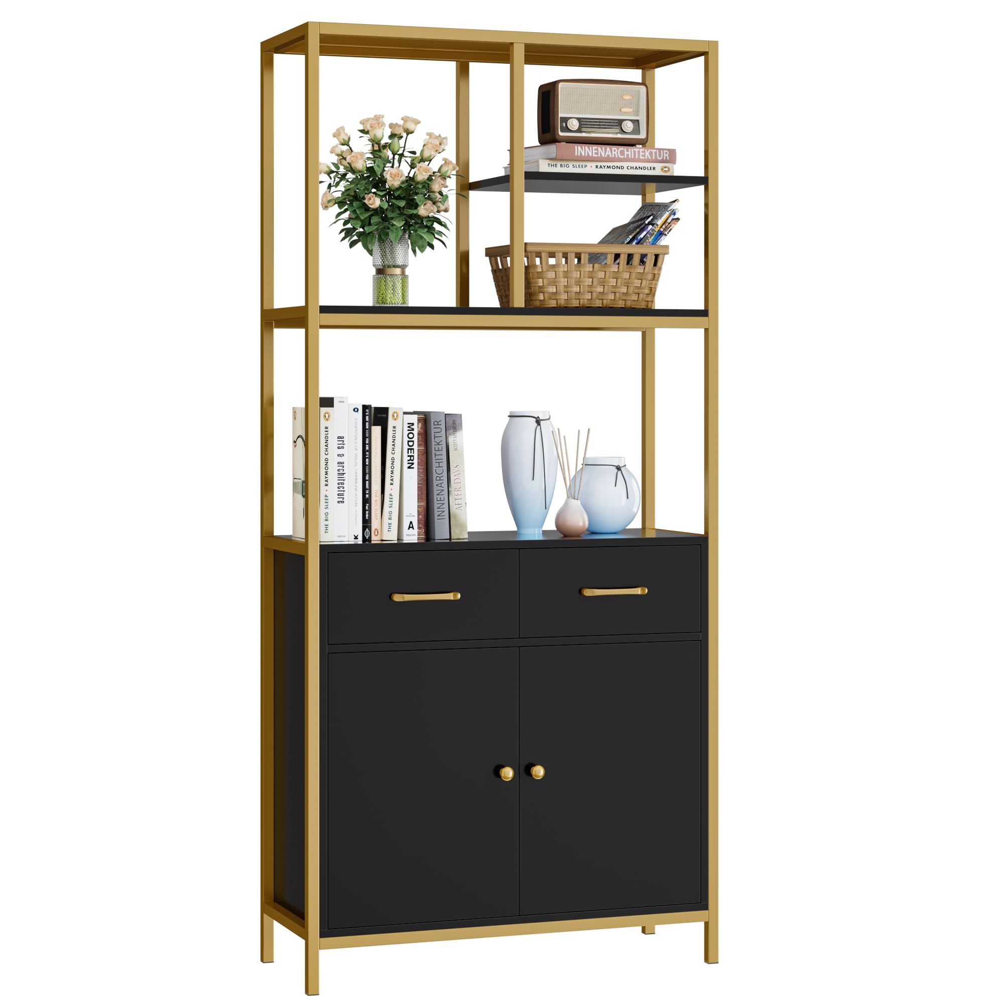 Tall Bookshelf, Bookcase with 2 Doors and 2 Drawers, Floor Standing Display Storage Shelves for Home Office, Living Room