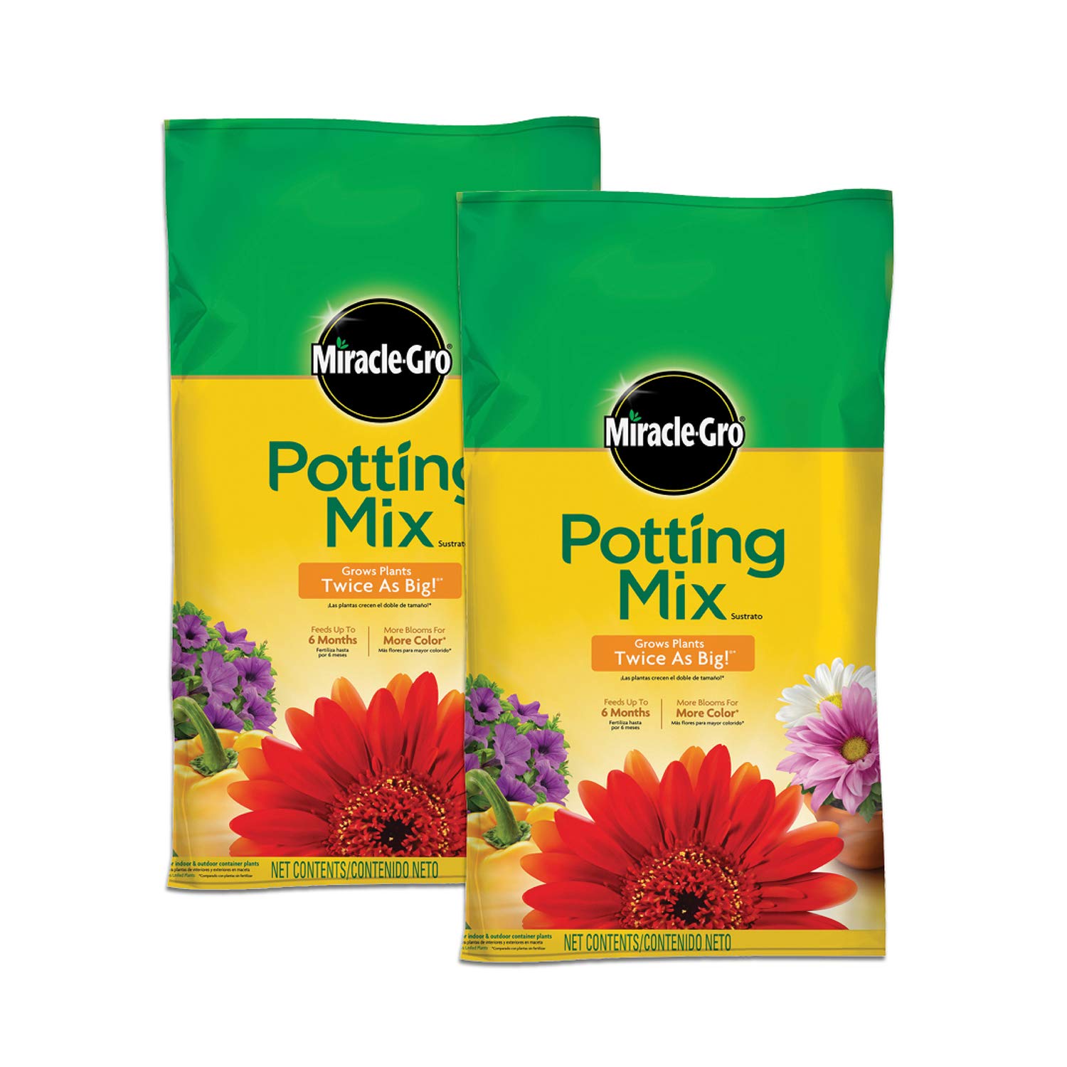 Miracle-Gro Potting Mix, For Container Plants, Flowers, Vegetables, Annuals, Perennials, Shrubs, Feeds for up to 6 Months, 16. qt., 2-Pack