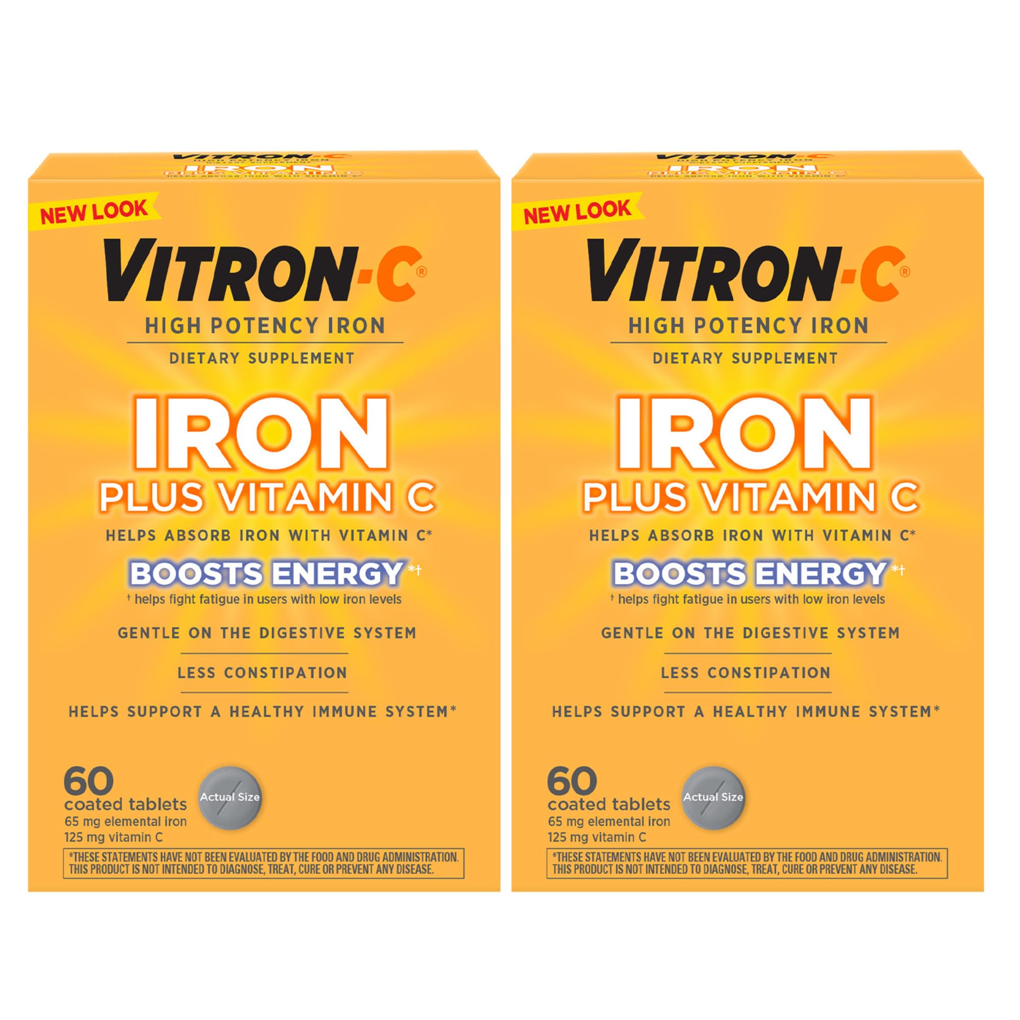 Vitron-C Iron Supplement, Once Daily, High Potency Iron Plus Vitamin C, Support Red Blood Cell Production, Dye Free Tablets, 60 Count, 2 Pack