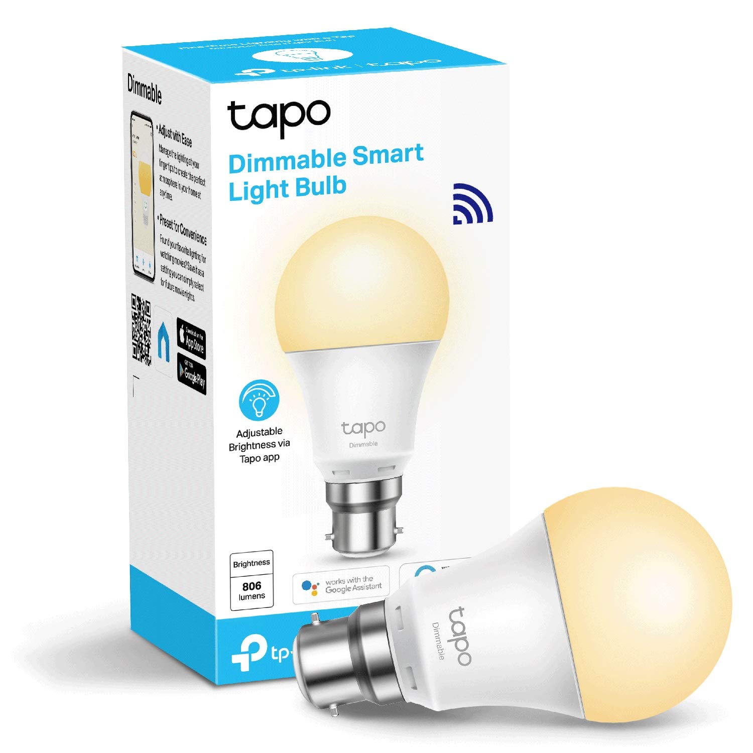 Tapo WiFi Smart Bulb, B22 Smart Light Bulb, 8.3W, Energy saving, Works with Amazon Alexa and Google Home, Dimmable Soft Warm White Alexa Light Bulbs, (Tapo L510B) [Energy Class F],Packaging may vary