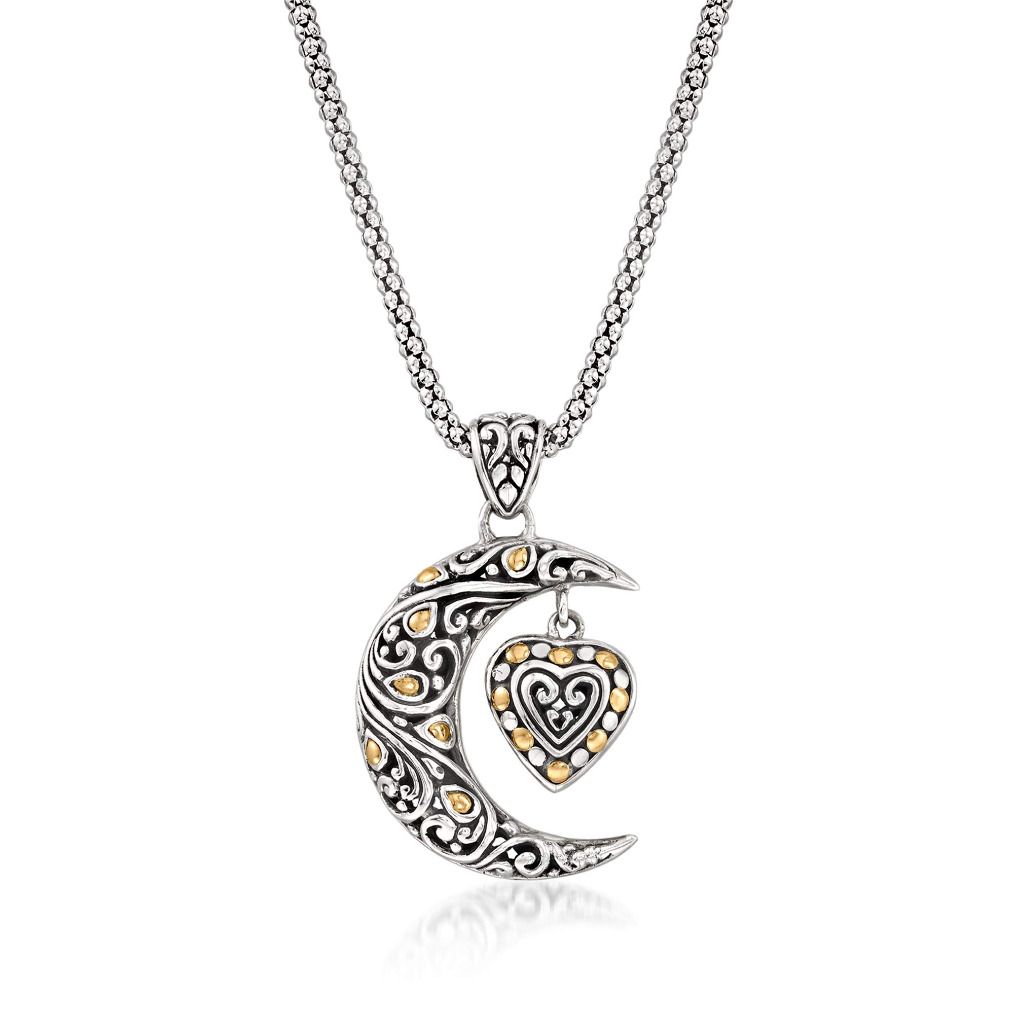 Sterling Silver Bali-Style Crescent Moon and Heart Pendant Necklace With 14kt Yellow Gold. 18 inches