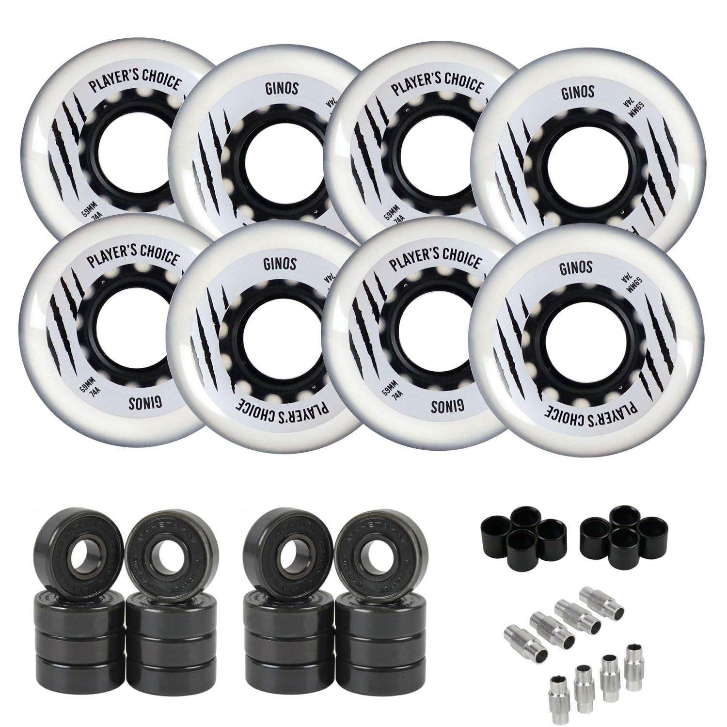 Player's ChoiceIndoor Roller Hockey Wheels 8-Pack with Hybrid Ceramic Bearings and Spacers - Ginos Clear Grey Dual-Pour 74A Hardness for Skates - Super High Rebound Urethane