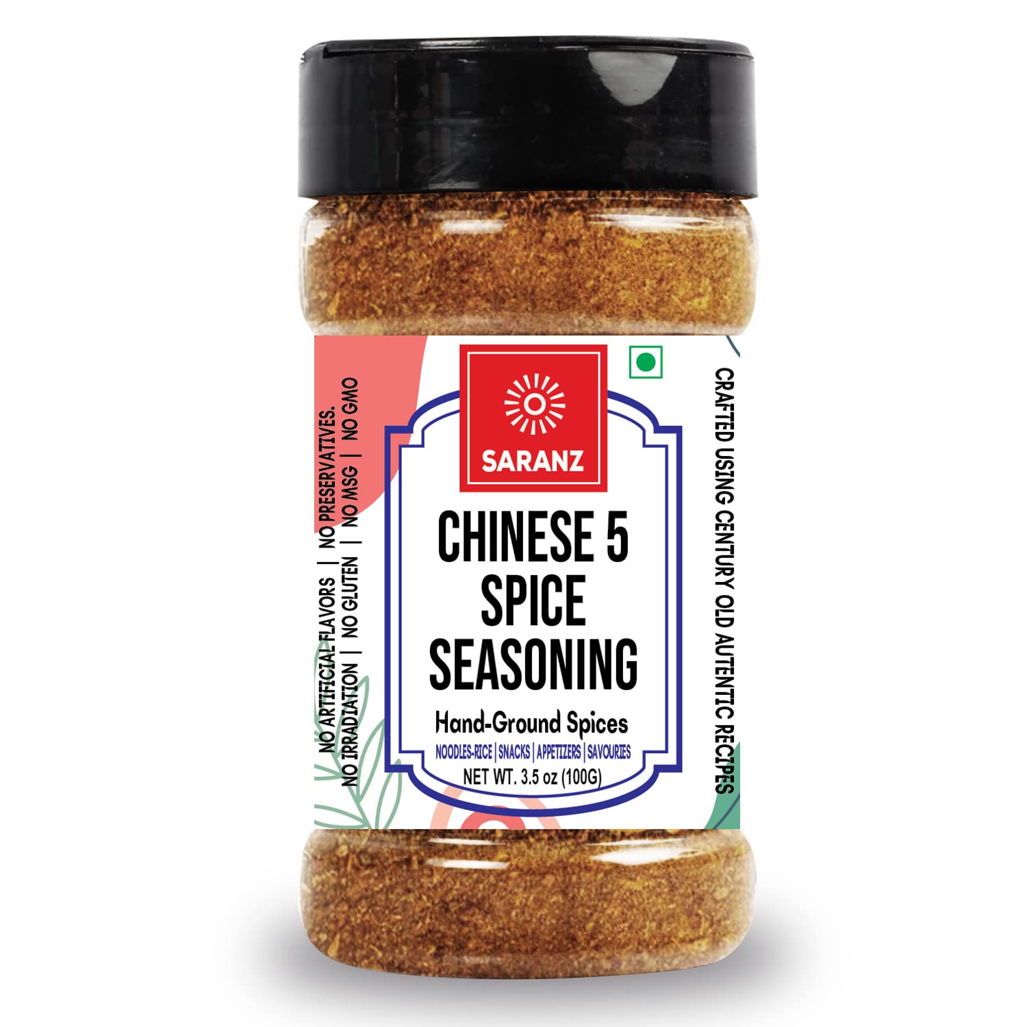 SARANZ Chinese 5 Spice Mix Exotic Seasoning Perfect for Snacks, Appetizers, Savouries, Entrees, Main Dishes Aromatic and Flavoured Vegan, Dairy Free and Gluten Free Seasonings-100 Grams Sprinkler Jar