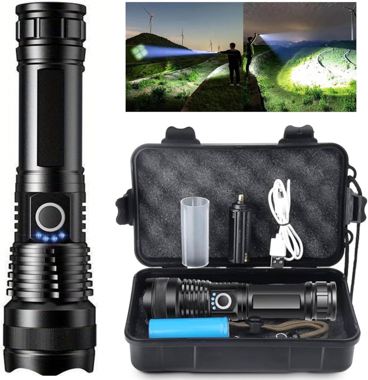 Flashlights Rechargeable LED High Lumens, 150000 Lumens Super Bright Tactical Handheld Flash Light, Powerful Emergency Linternas, Zoomable, Waterproof, Long Lasting, for Hiking Camping Gift