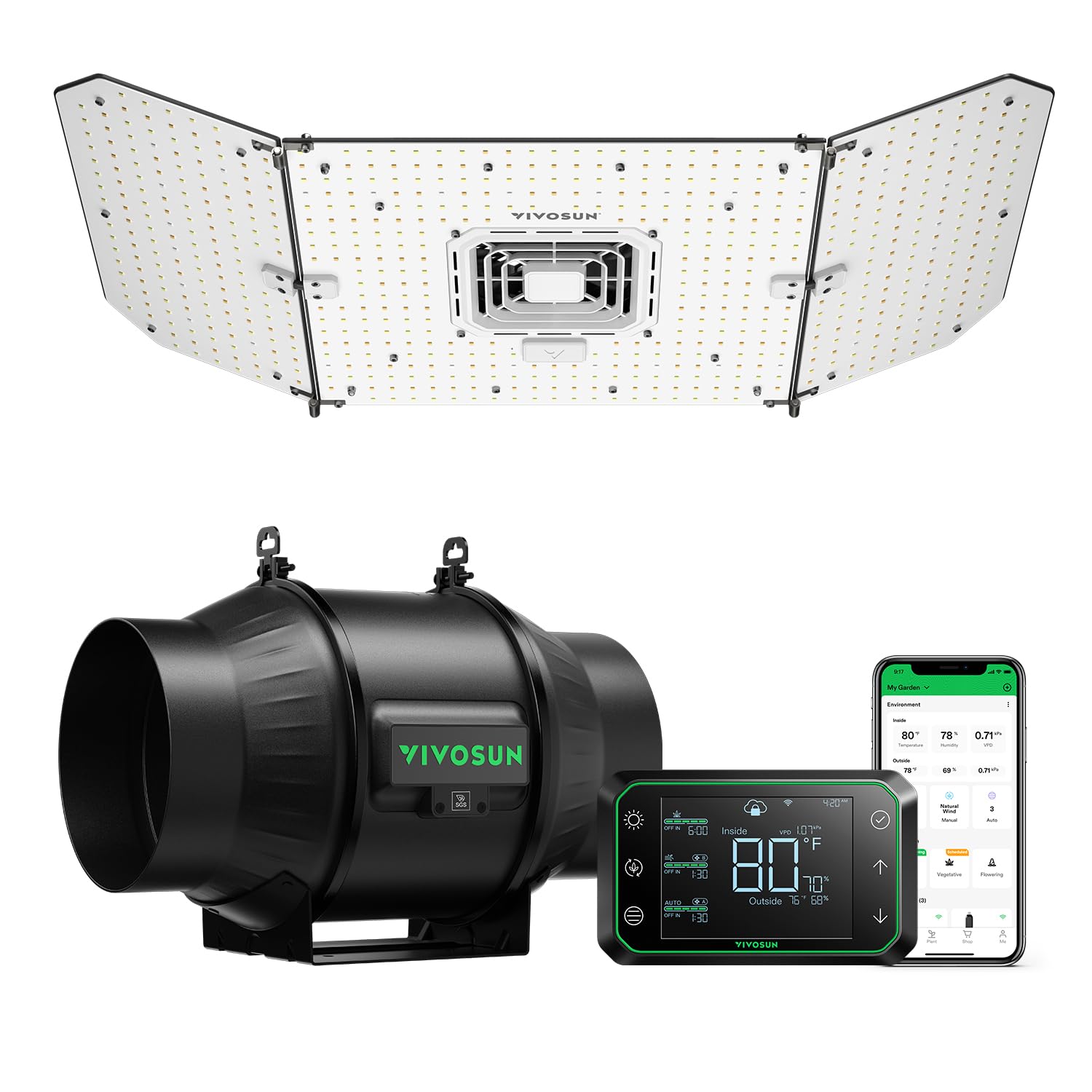 VIVOSUNSmart Grow System with 200W LED AeroLight Grow Light with Circulation Fan, AeroZesh T6 6-inch In-Line Fan and GrowHub E42A WiFi Temperature and Humidity Controller