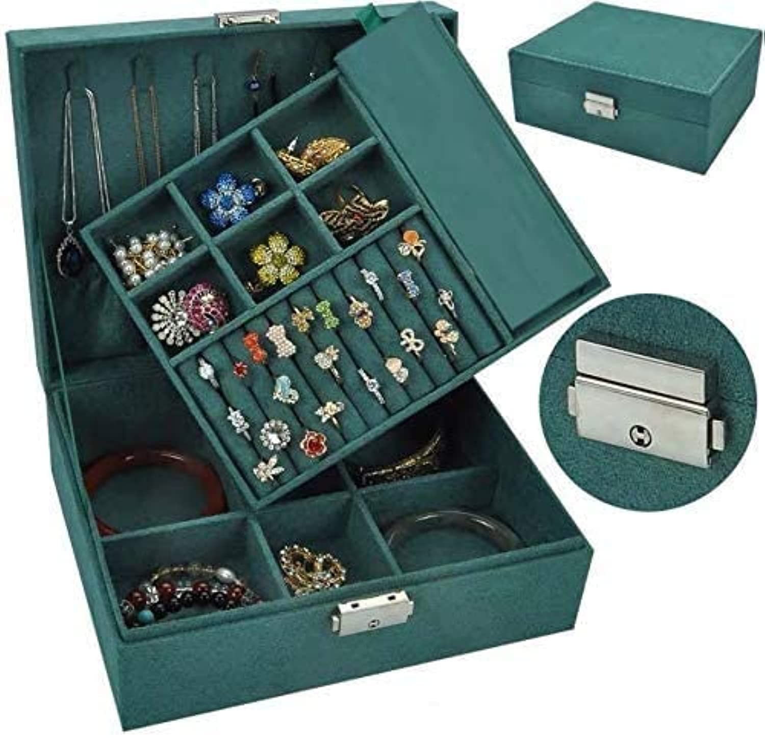 Jewelry Box Jewelry Organizer Cosmetic Case Makeup for Women 2-Layer ，with Removable Tray & Partition for Necklace, Earrings, Bracelets, Rings - Green