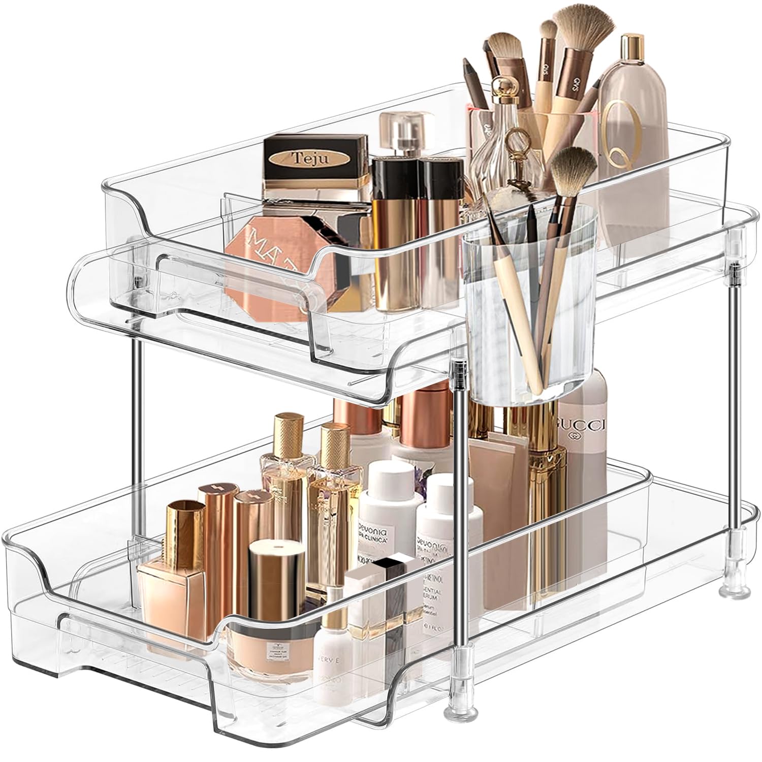 Yoawllty Under Sink Organizer, 2-Tier Bathroom Cabinet Organizer, Clear Organizers storage with Dividers and Cups, Multi-Purpose Slide-Out Storage Container for Cabinet, Fridge, Kitchen, Makeup