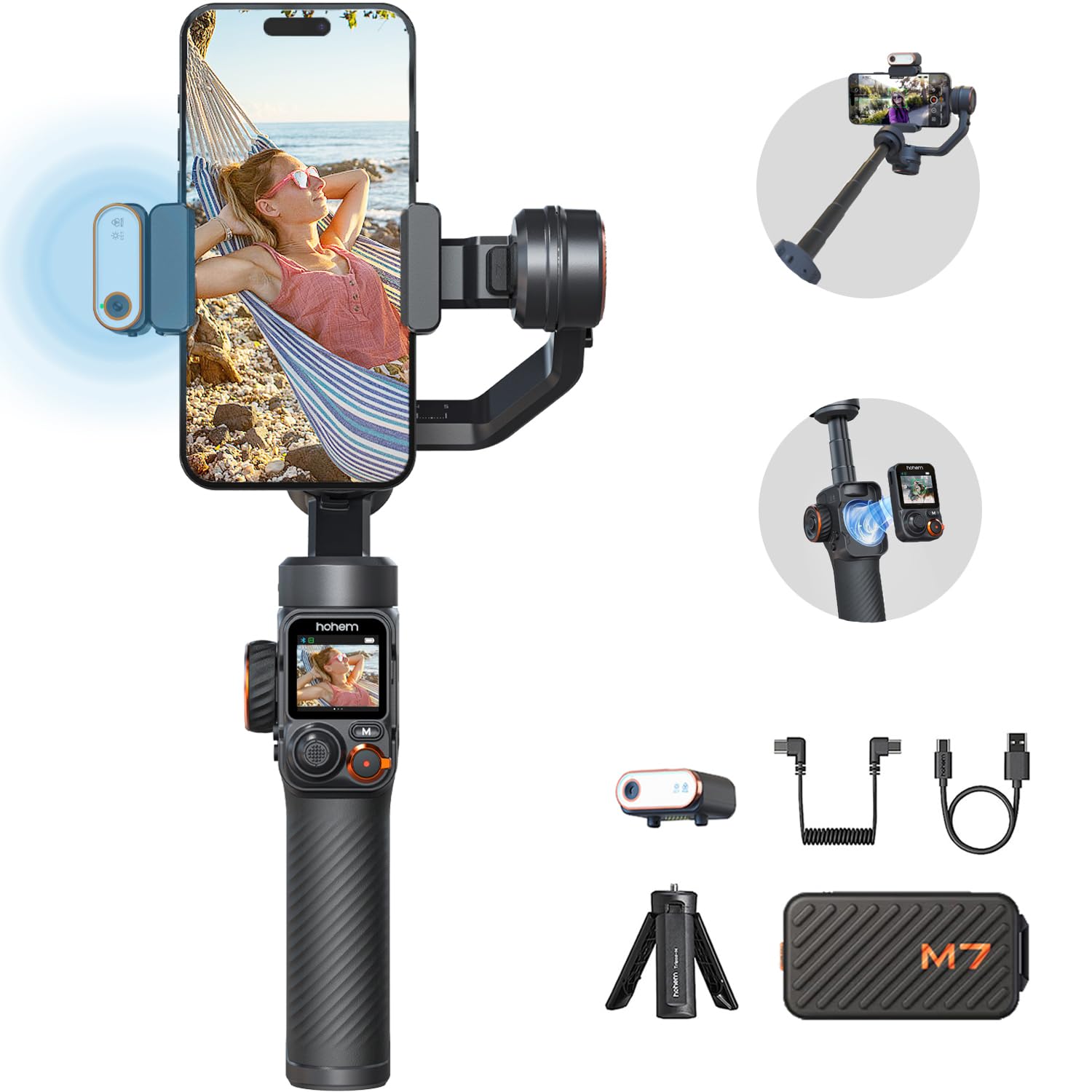 hohemiSteady M7 Gimbal Stabiliser for Smartphone w/AI Tracker, Removable Controller, 500g Payload Gimbal Stabiliser for iPhone Android, 1.4 Inch Touchscreen & Built-in Extension Rod