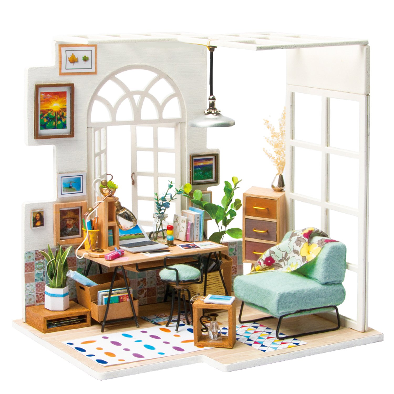 RobotimeMiniature Dollhouse Kit Decorations with Lights and Furnitures DIY House Craft Kits Best Birthdays Gifts for Boys and Girls (SOHO TIME)