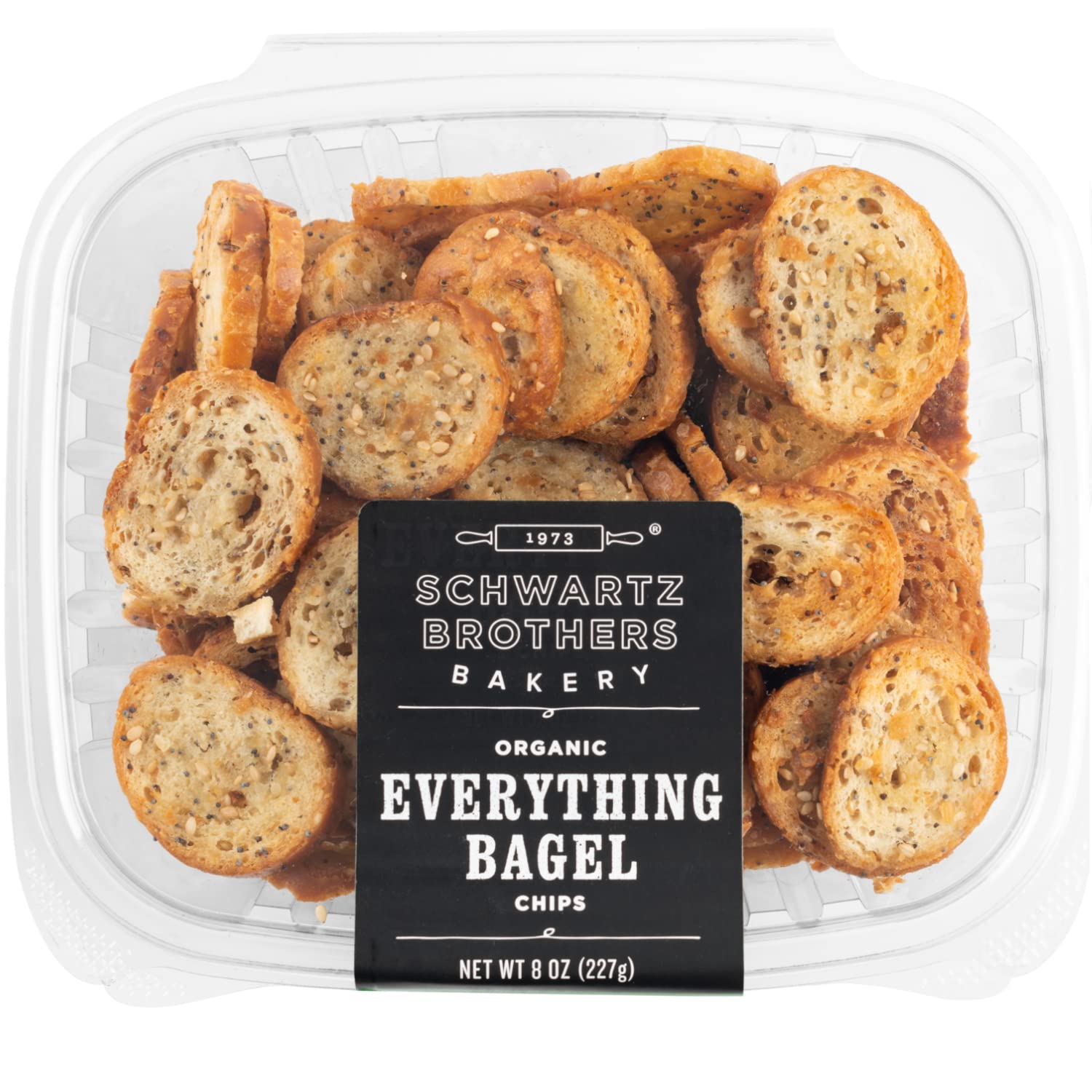 Everything Bagel Chips NY Style Bagel Crisps. Organic, Vegan, Kosher. From the artisans of Schwartz Brothers Bakery. Baked Fresh. Twice Baked. 8 ounce container. Great Snack. Delicious. Pack of 4.