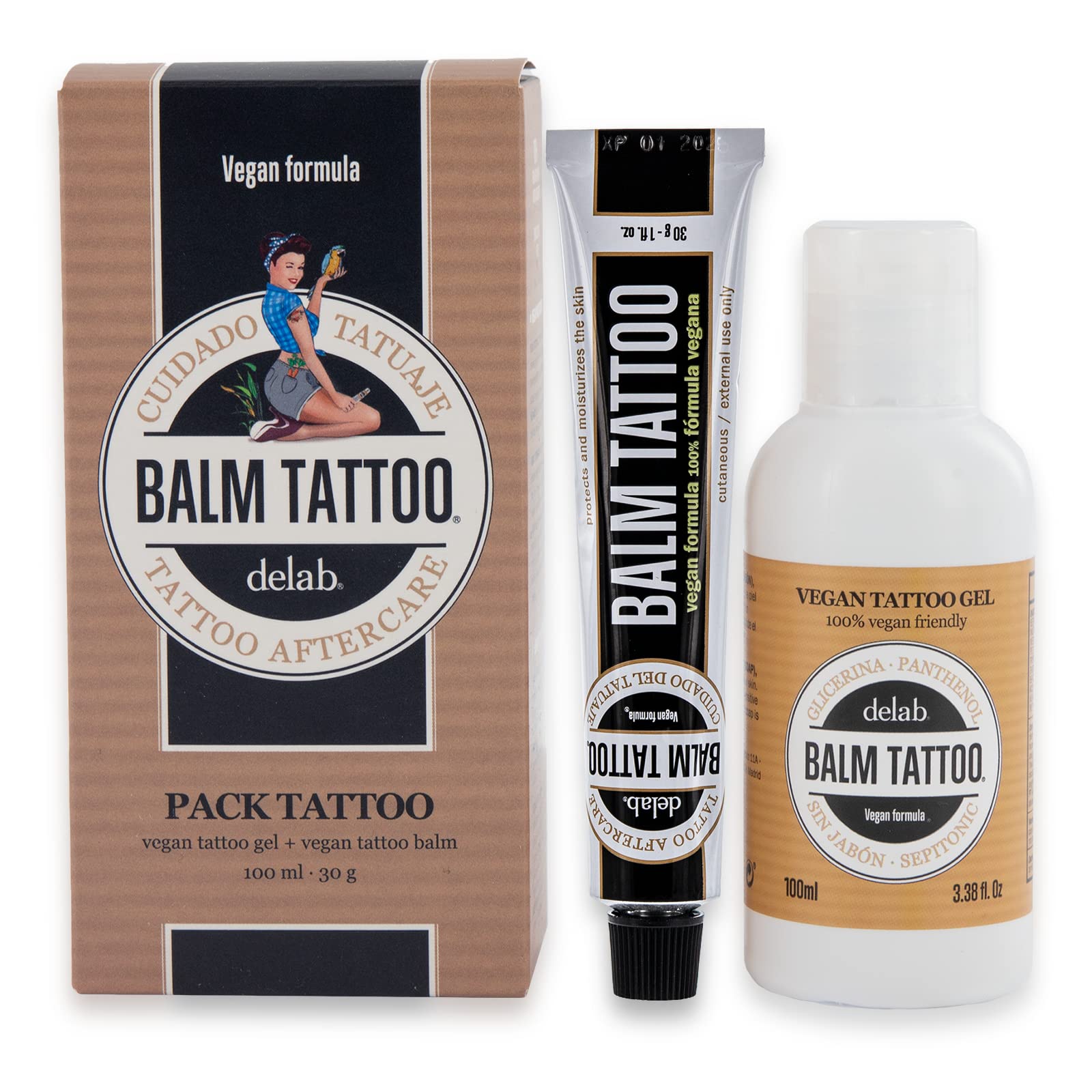 BALM TATTOO - Vegan Pack Balm Tattoo - Cream+ Cleansing Gel for Tattoos - Tattoo Aftercare - Moisturizes Your Skin - Suitable for Sensitive Tattooed Skin - 30 gr+100 ml