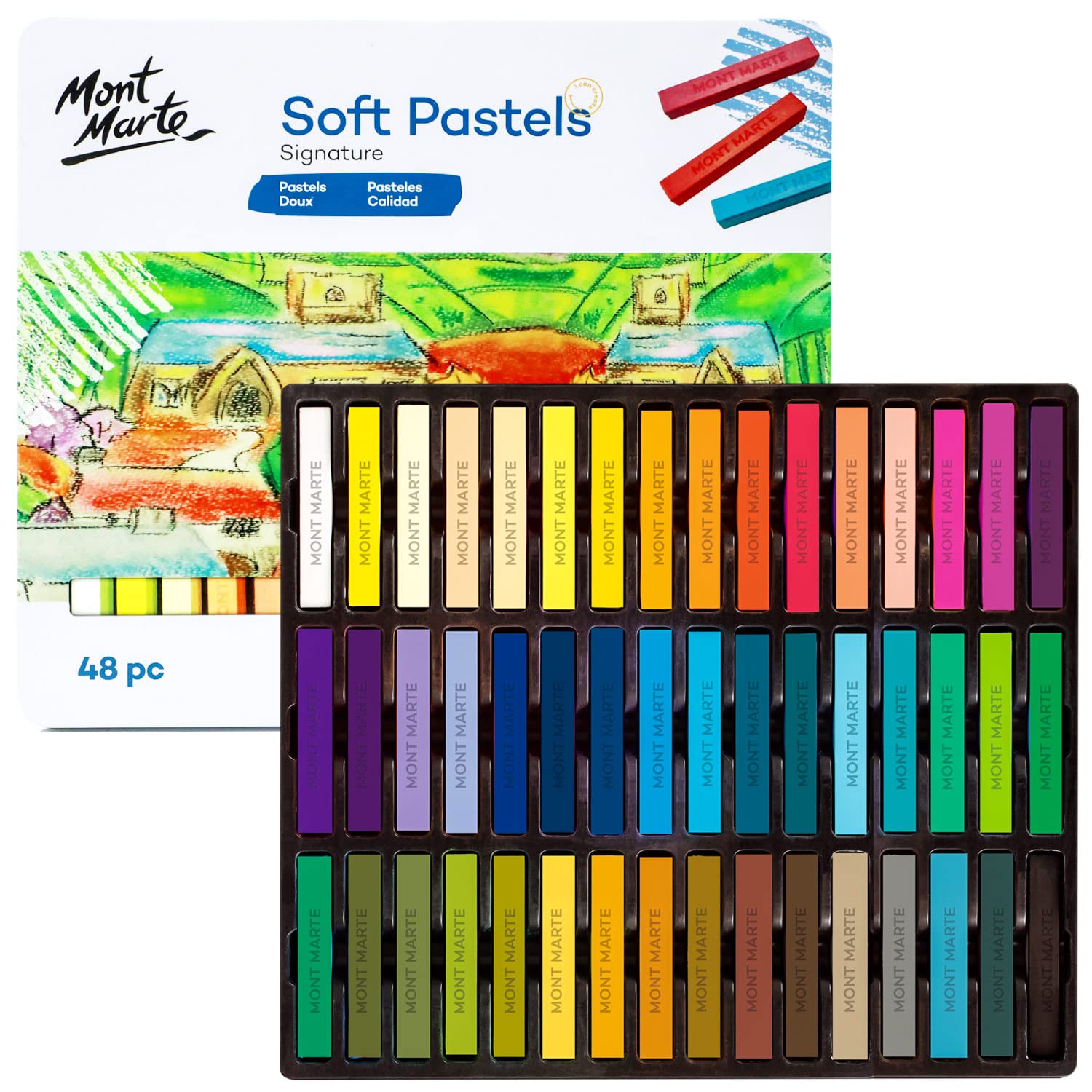 MONT MARTE Soft Pastels in Tin Box Signature 48pc, 48 Assorted Colours, Vibrant Pastel Sticks, Great Blending, Comes in Storage Case, Ideal For Art, Craft, Colouring and Sketching