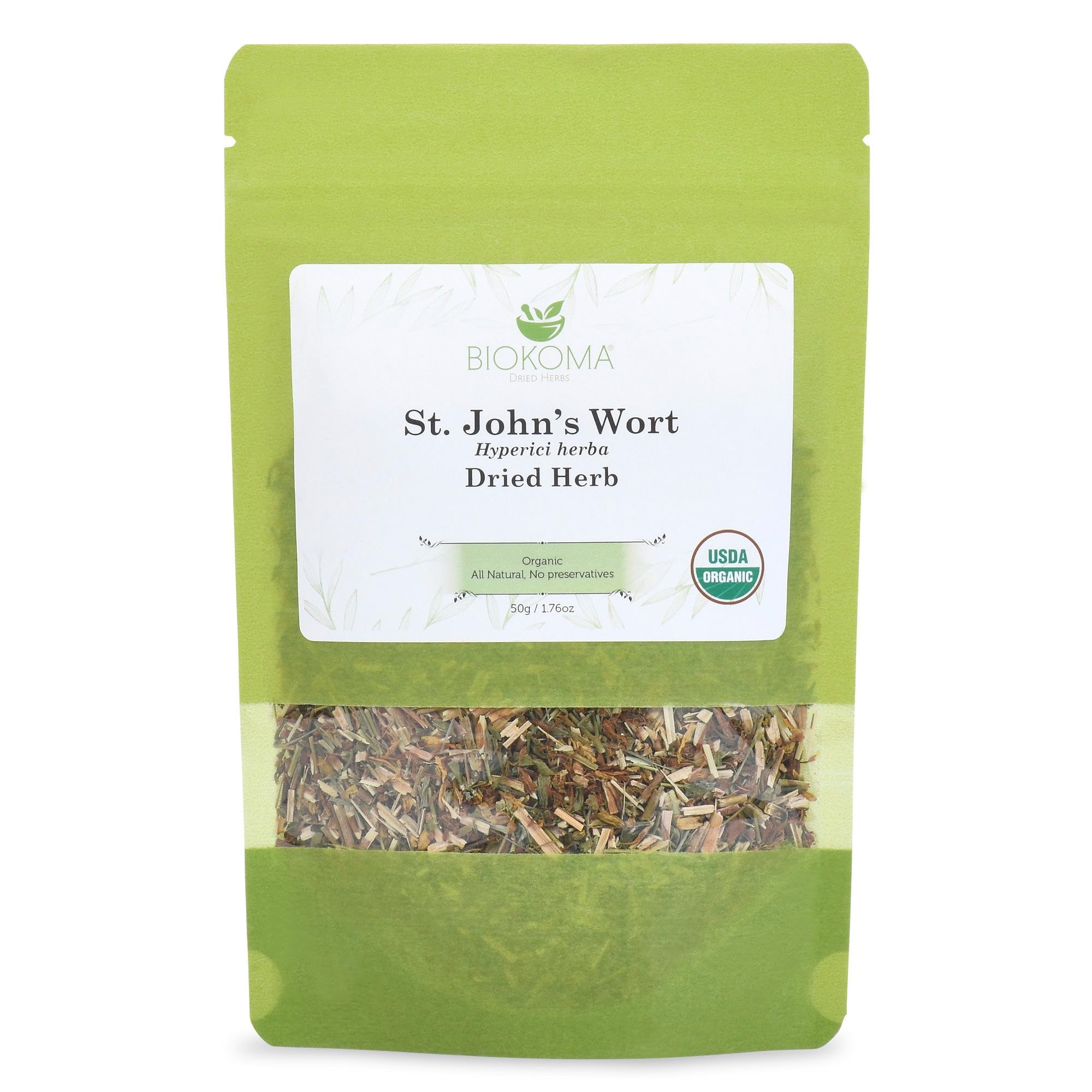 100% Pure and Organic Biokoma St. John’s Wort Dried Herb 50g (1.76oz) in Resealable Moisture Proof Pouch