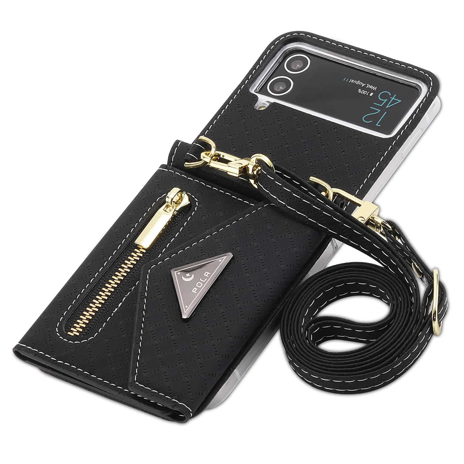 SZHAIYU Zipper Wallet Purse for Samsung Galaxy Z Flip 4 5G Crossbody Case with Credit Card Holder Strap Lanyard Women Kickstand Flip Leather (Black, Z Flip 4)