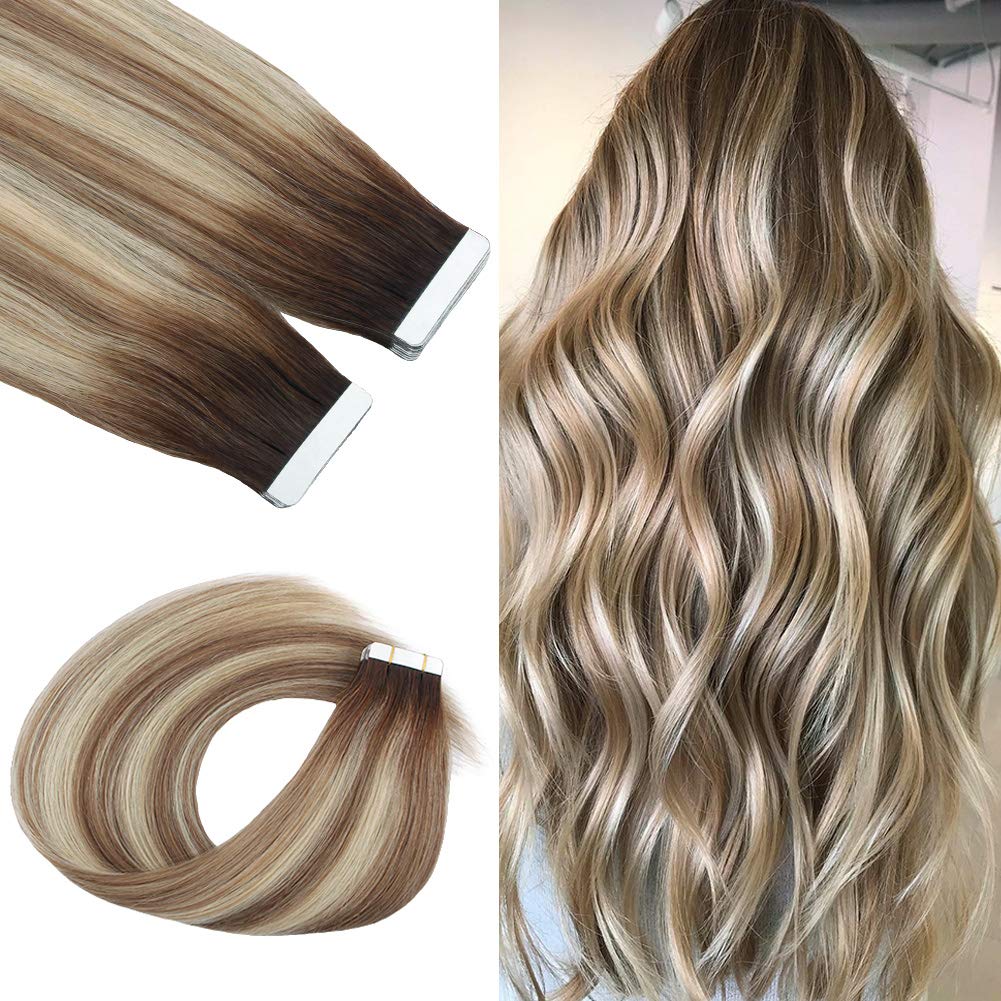 Sixstarhair Human Hair Tape In Hair Extensions Rooted Brown Fading to Ash Brown Mixed with Beach Blonde Beautiful Ash Color Remy Human Hair Extensions 20 Pieces [Color R3-8P613# 20inch]