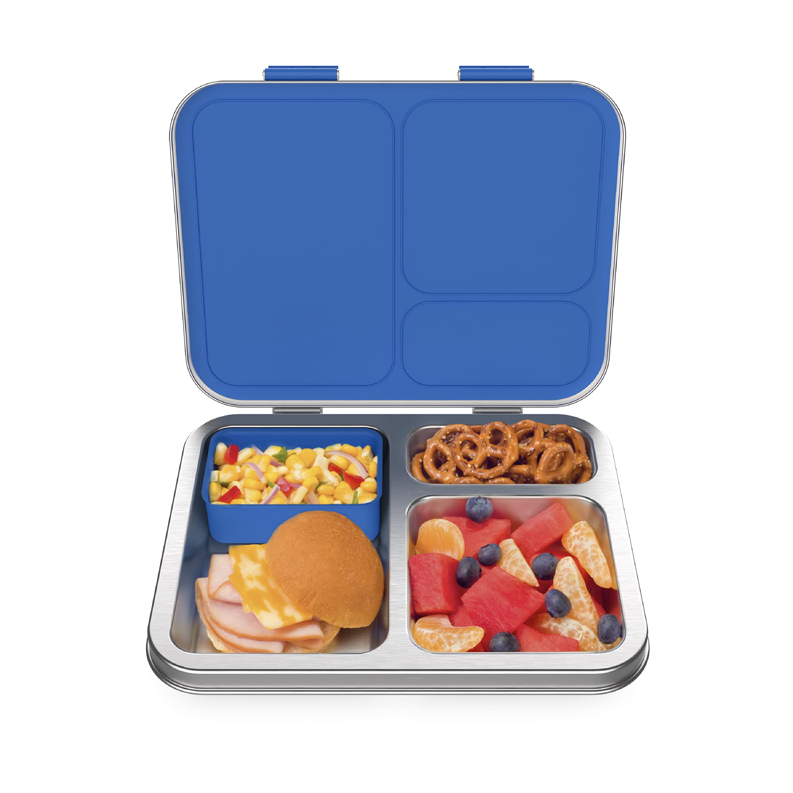 Bentgo Kids Stainless Steel Leak-Resistant Lunch Box - Bento-Style Redesigned in 2022 w/Upgraded Latches, 3 Compartments, & Extra Container - Eco-Friendly, Dishwasher Safe, Patented Design (Blue)