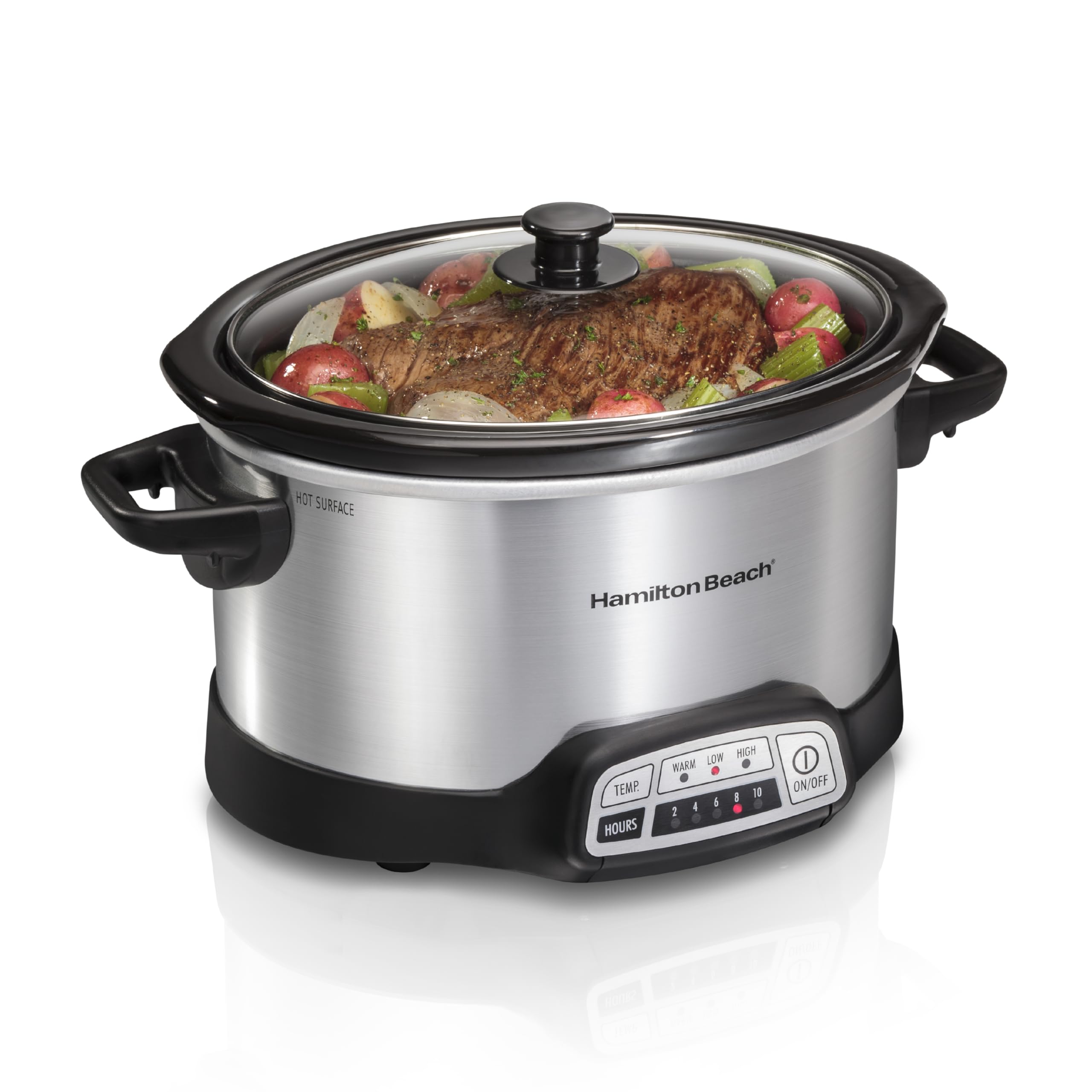 Hamilton BeachProgrammable Slow Cooker with Flexible Easy Programming, 5 Cooking Times, Dishwasher-Safe Crock, Lid, 4 Quart, Silver