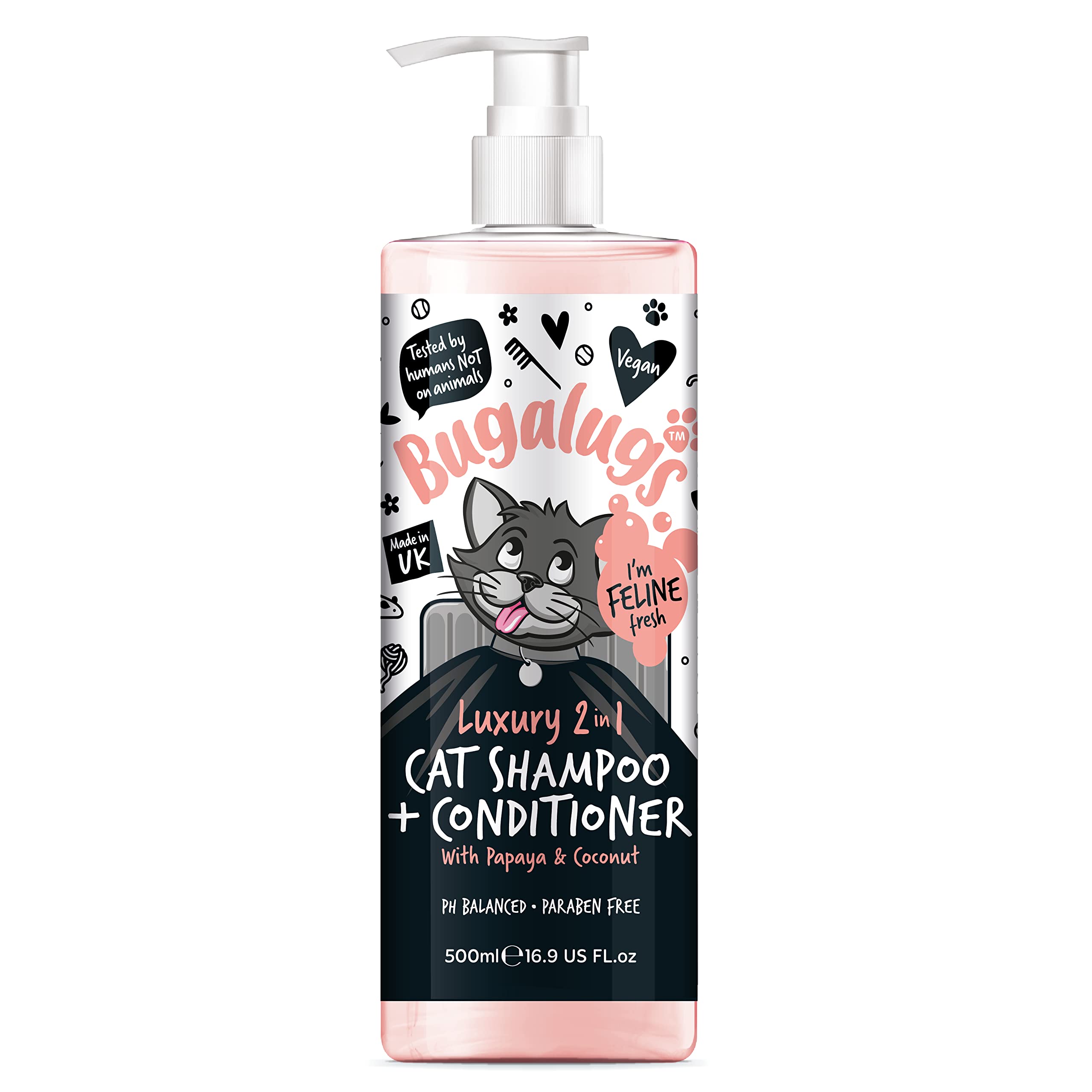 Bugalugs 2 in 1 Cat Shampoo & Conditioner. Cleansing, nourishing and conditioning for all cat hair. Papaya & Coconut calming scent. For all cats and kittens. cat & kitten grooming (500ml Shampoo)