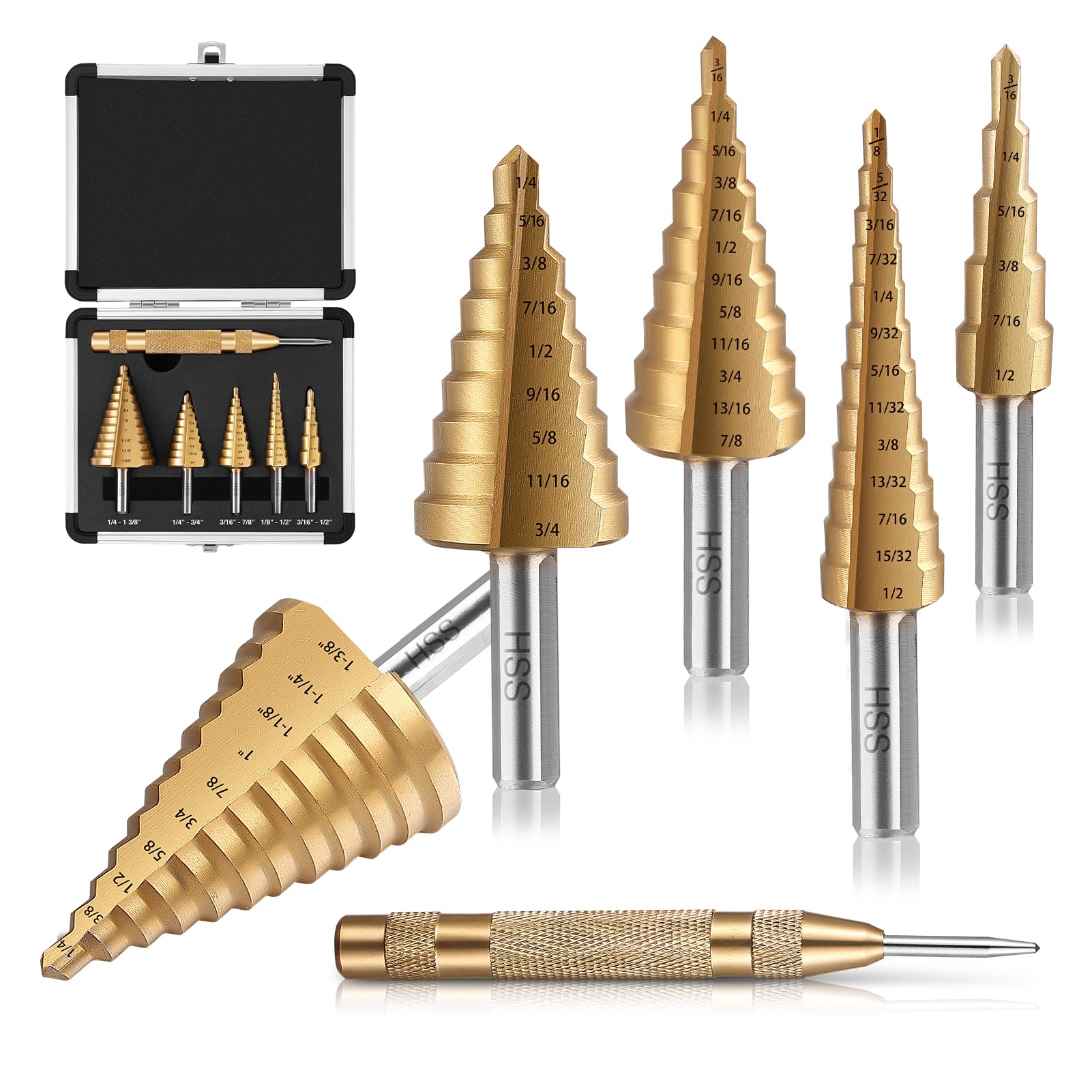 DOVAMAN 5PCS Step Drill Bit Set, 50 Sizes HSS Drill Bits, Titanium-Coated, Automatic Center Punch, 118° X-Shaped Split Tip, w/Aluminum Case, Step Bits for Metal, Wood & Plastic - STD06A