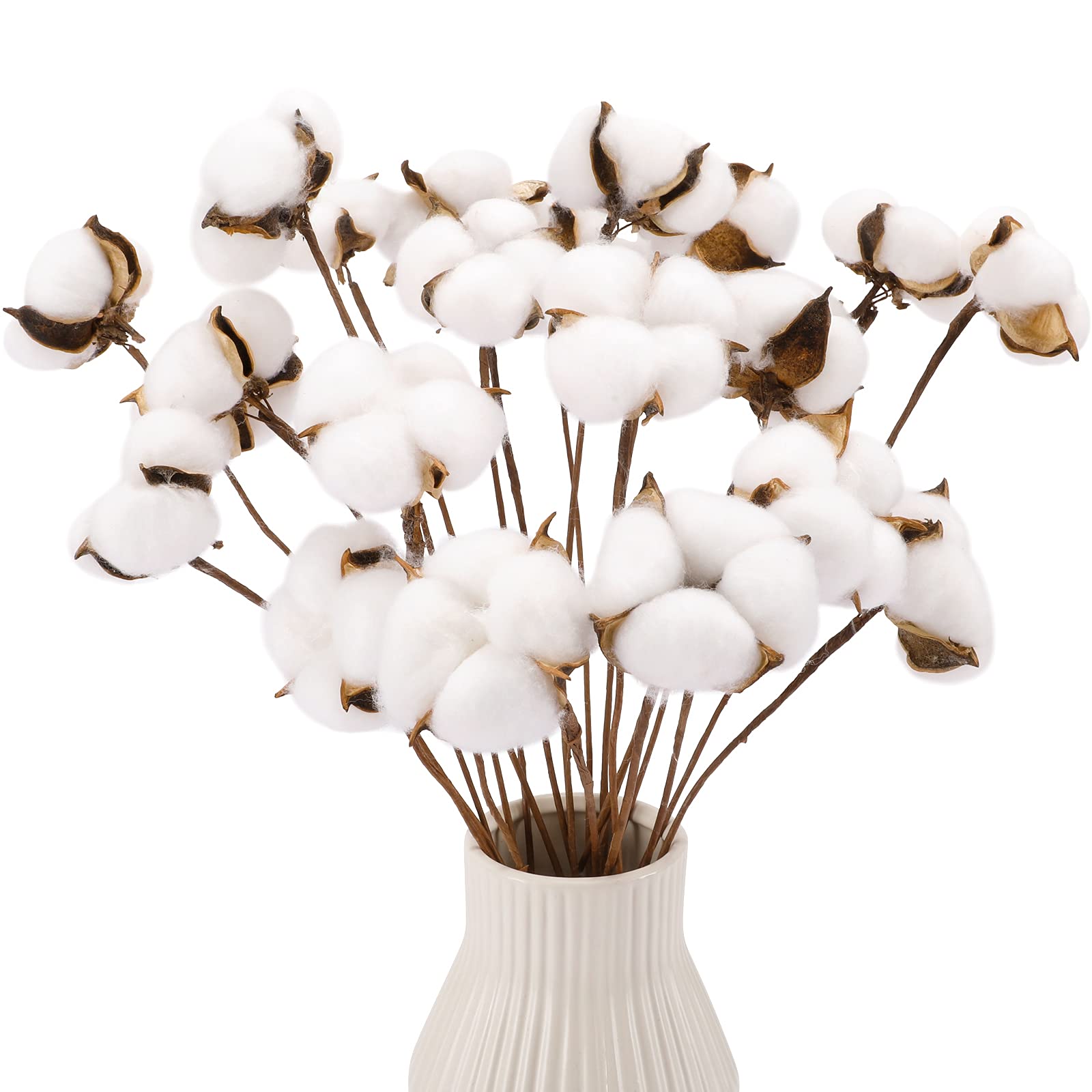 CEWOR 20pcs Cotton Stems, Fake Cotton Flowers Dried Cotton Picks Stalks Plants, Artificial Cotton Floral Stems Faux Farmhouse Decorations for Vase Home Decor