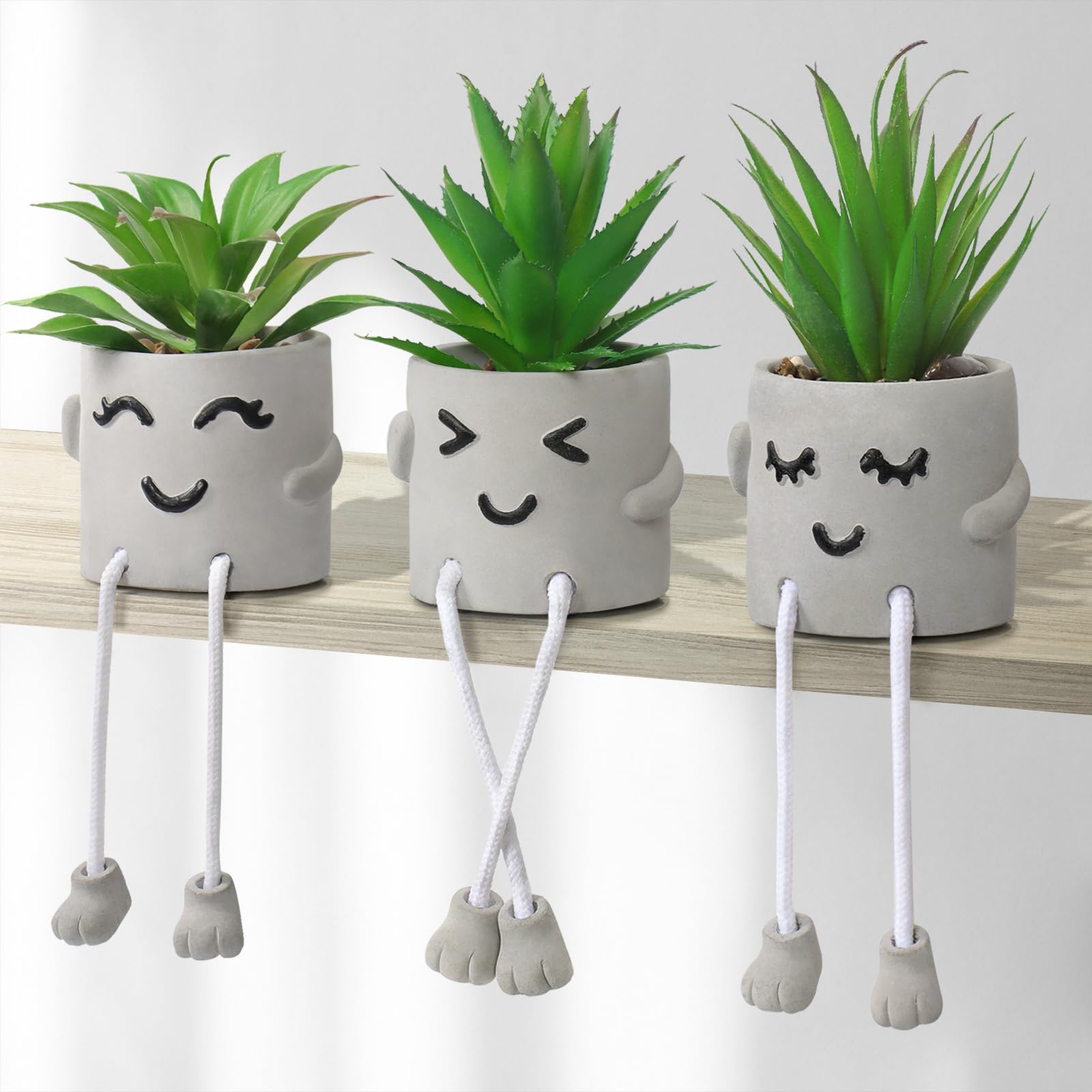 Dremisland Set of 3 Artificial Potted Plant Cute Fake Succulent Plant with Hanging Leg Emotional Cement Faux Succulent Potted Plant Decor for Home Office Table Desk Living Room Shelves