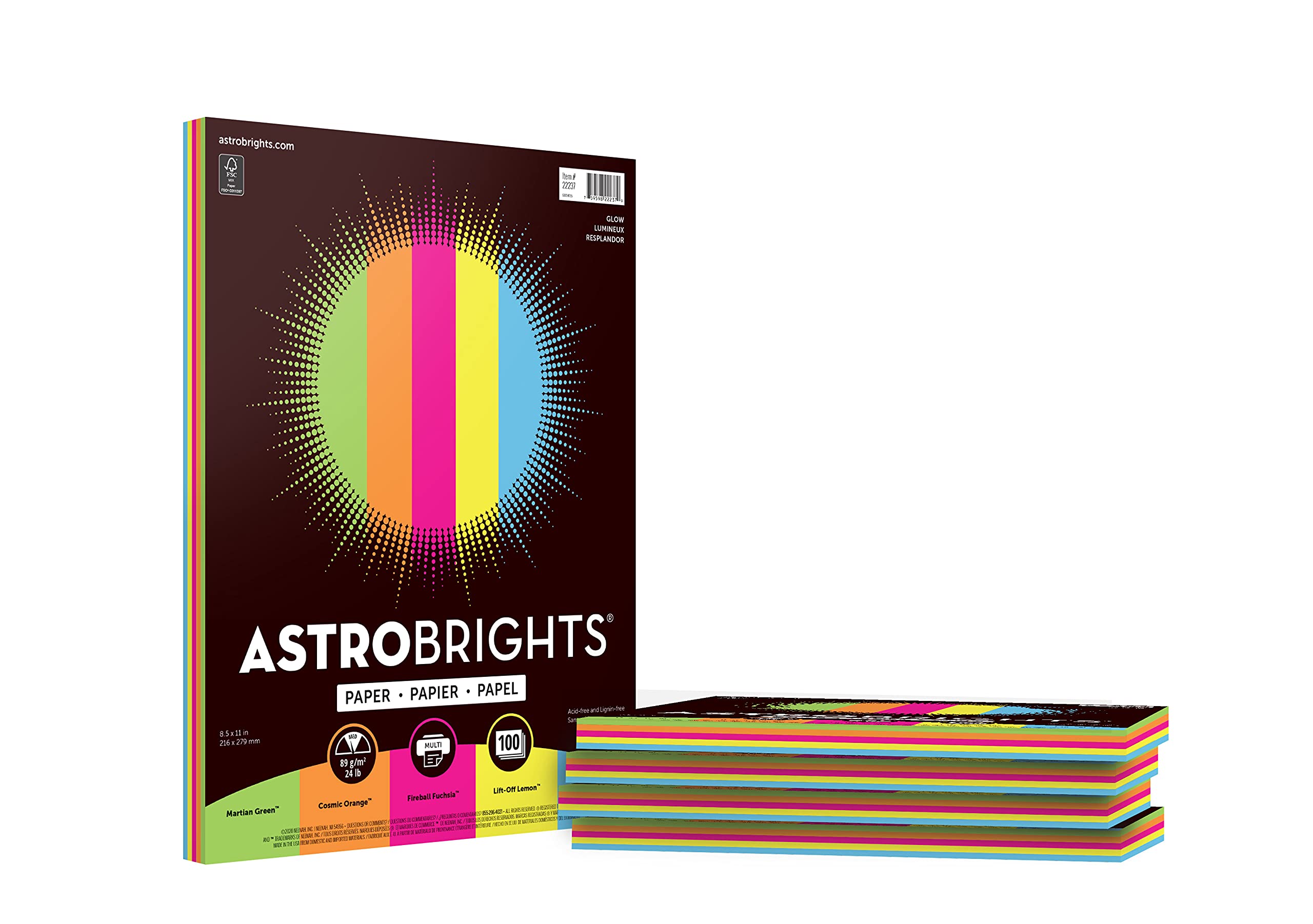 Astrobrights Colored Paper, 8.5" x 11", 24 lb/89 gsm, "Glow" 5-Color Assortment, 5 Individual Packs of 100 Assorted Sheets - 500 Sheets in Total (22237)