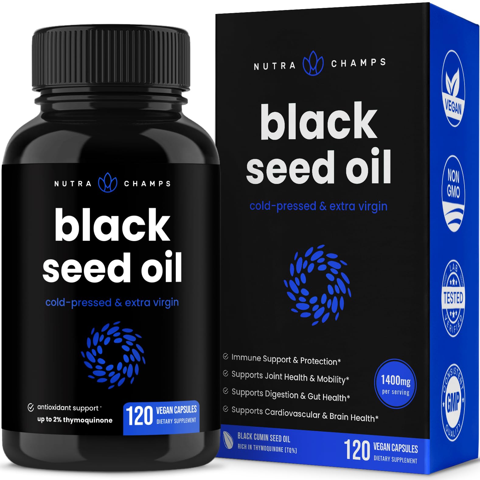 NutraChamps Black Seed Oil Capsules | Premium Vegan Black Cumin Seed Oil Capsules | Virgin Cold Pressed Nigella Sativa Oil Pills with Thymoquinone, Vitamin E & Omega 3 6 9