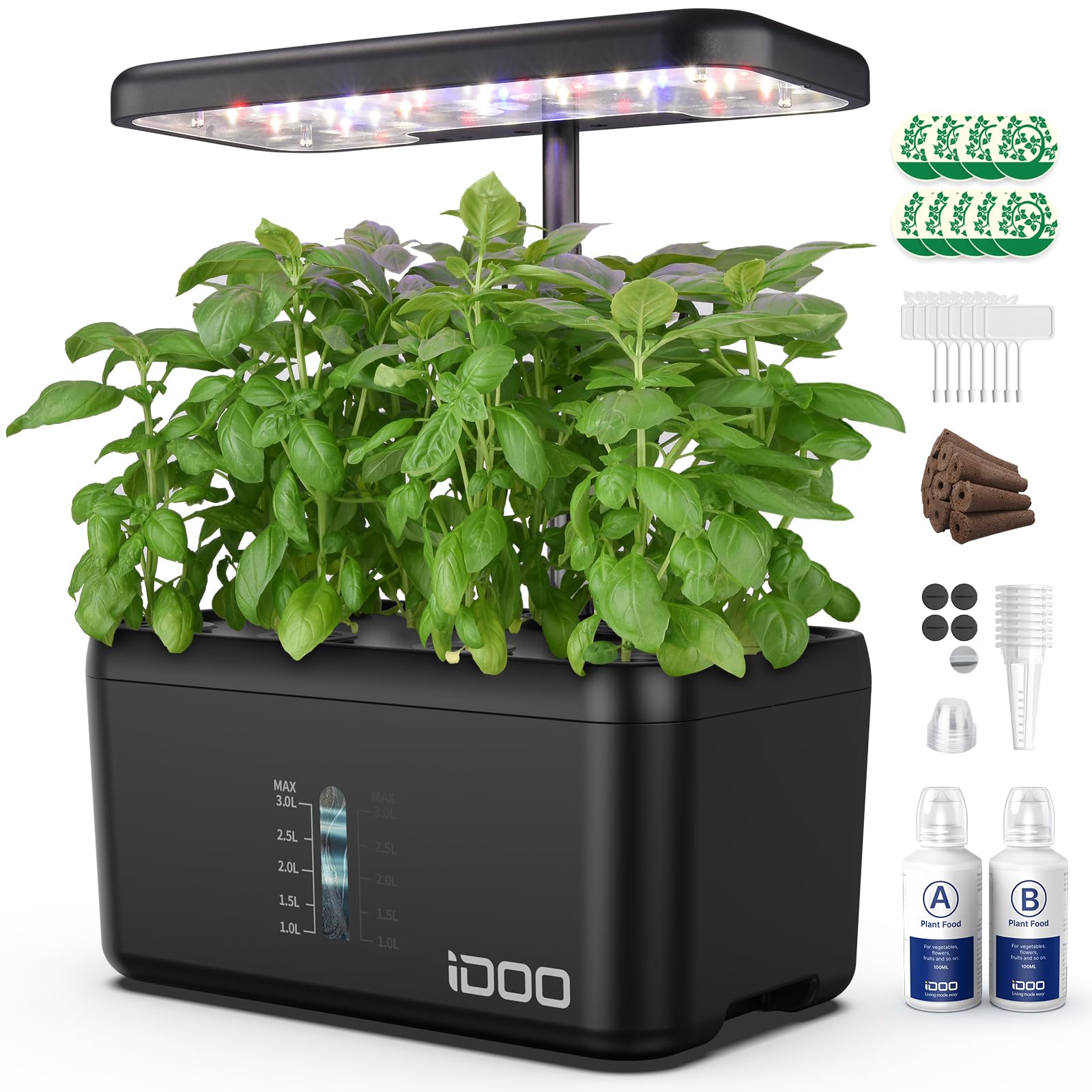 iDOOHydroponics Growing System Kit 8Pods, Birthday Gifts for Mom Women, Herb Garden Indoor with LED Grow Light for Home School, Built-in Pump, Auto-Timer, Adjustable Height Up to 15", 8Pods-Black