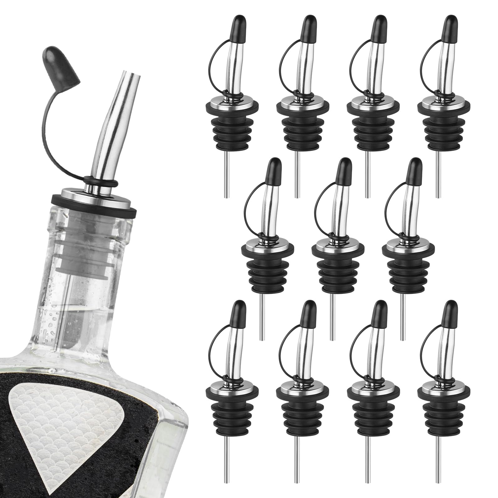 Ohtomber 12PCS Liquor Pour Spout - Stainless Steel Pour Spouts for Liquor Bottles, Speed Tapered Liquor Bottle Pourers for Alcohol with Dust Caps, Olive Oil Dispenser Spout, Bar Accessories Bar Tools