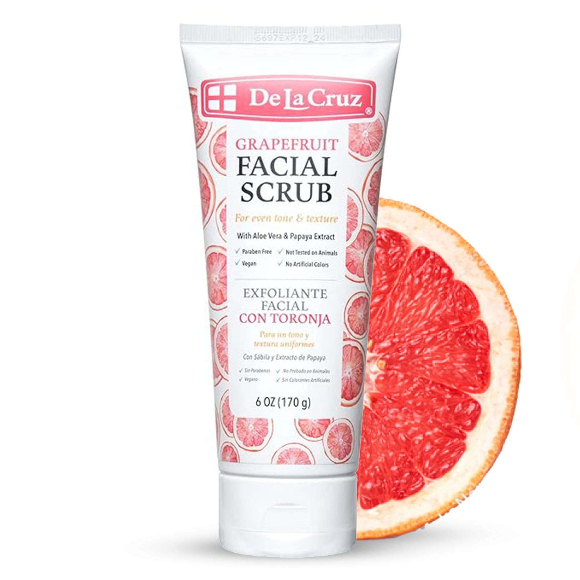 De La Cruz Grapefruit Facial Scrub - Face Exfoliator Scrub with Vitamin E, Papaya and Aloe Vera - 6 OZ Tube