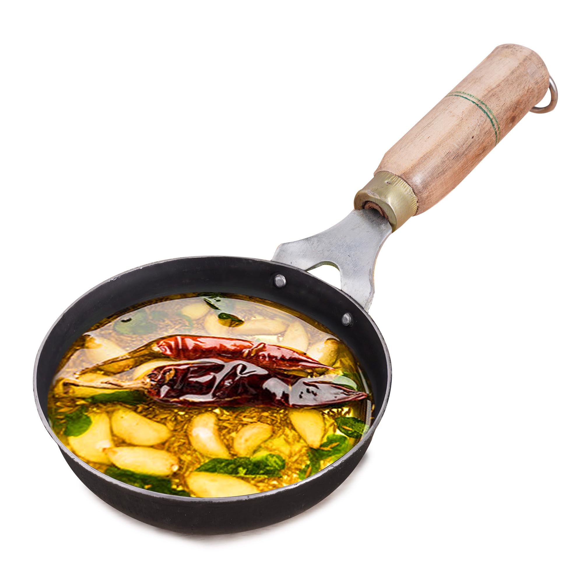 The Indus Valley Pre-Seasoned Iron Tadka Pan with Wooden Handle | Very Small 12.7cm/5 inch, 0.3Ltr, 0.4kg | Gas Compatible | 100% Pure & Toxin-Free, No Chemical Coating