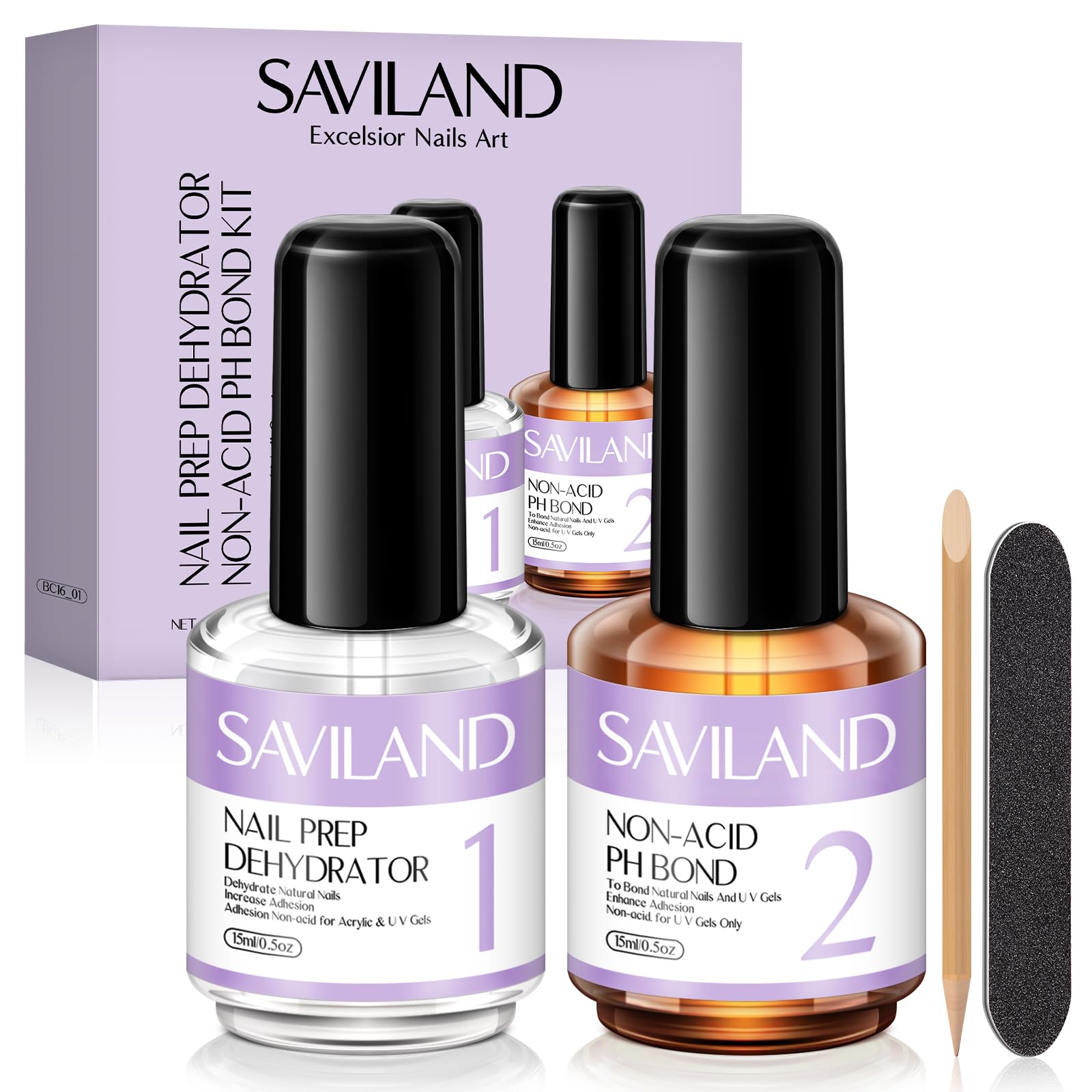 SavilandNail Dehydrator and Non-acid PH Bond Set - Nail Prep Dehydrate and Acid-free PH Bond, Air Dry Long-Lasting Professional Nail Protein Bond for Acrylic Nails Powder U V Gels Nail Polish 0.5 oz