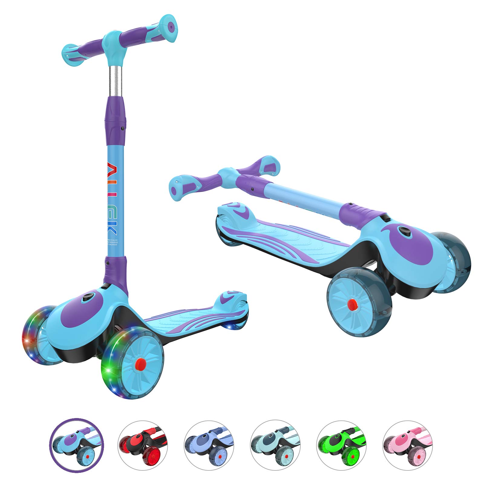 Allek F01 Folding Kick Scooter for Kids, 3-Wheel LED Flashing Glider Push Scooter with Height Adjustable and Foldable Handlebar, Dual Color Anti-Slip Wide Deck for Boys Girls 3-12