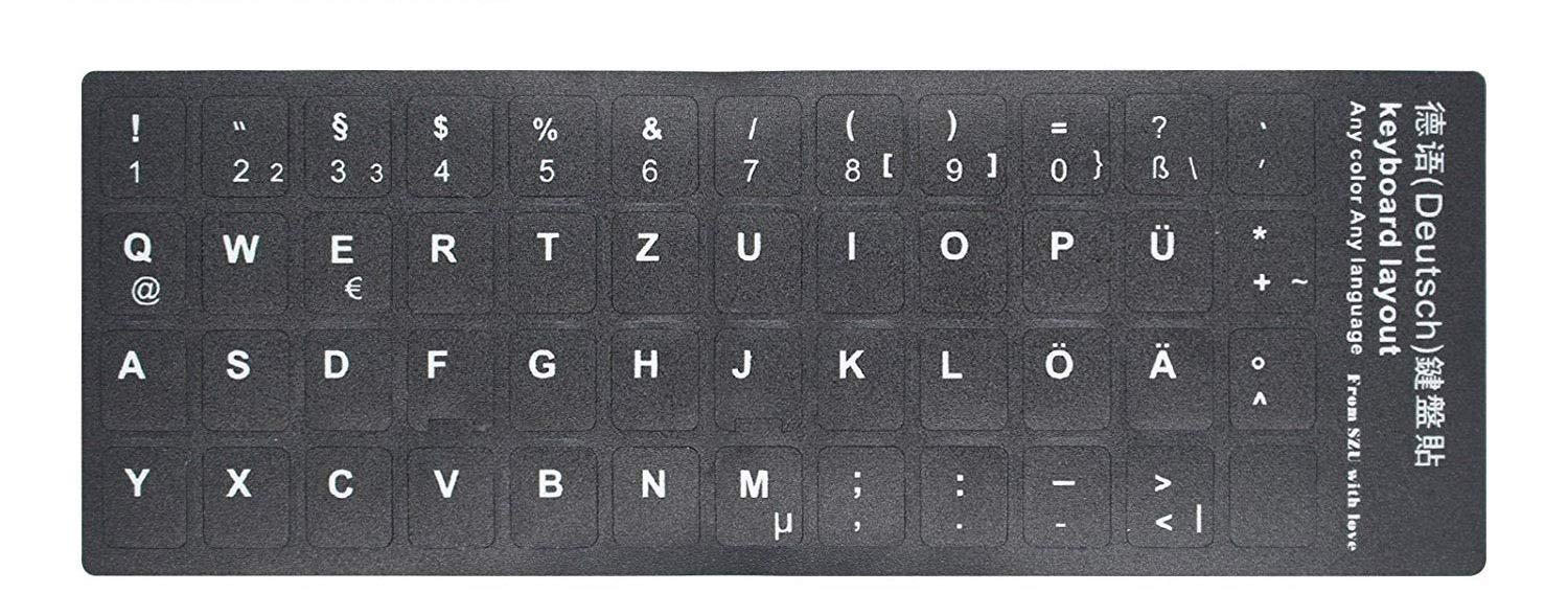 2 PCS German Keyboard Stickers with Non-Transparent Black Background & White Letters for PC/Computer/Laptop [Size of Each Key Sticker: 0.43" x 0.51"] (German)